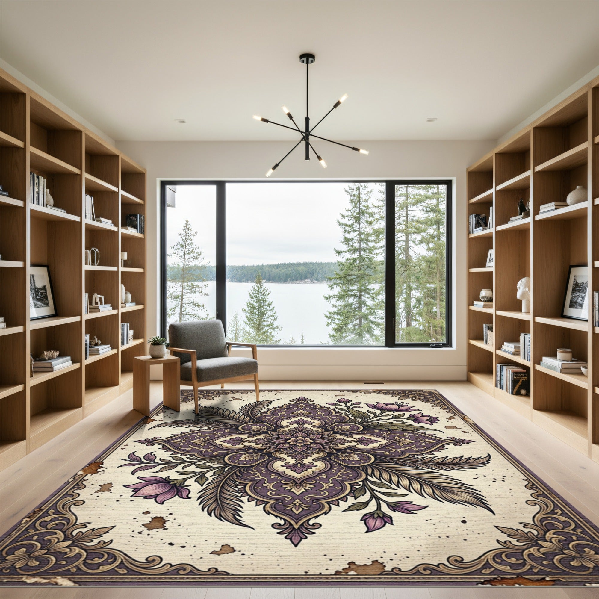 Ethereal Plum Feather Floral Medallion Rug