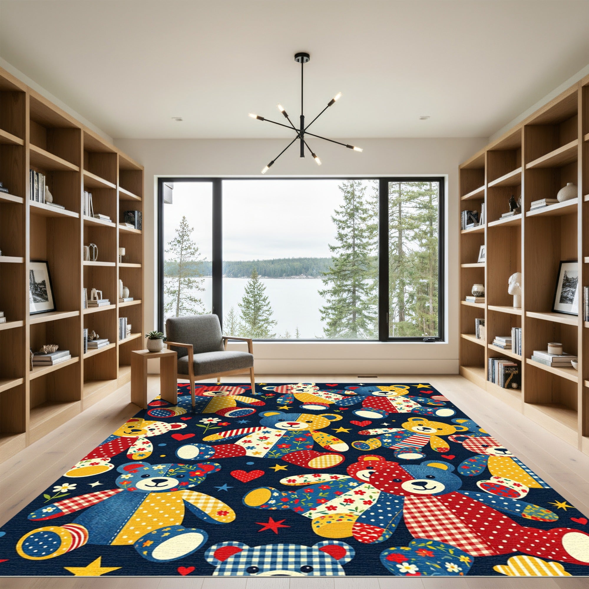 Whimsical Patchwork Teddy Bear Starry Navy Rug