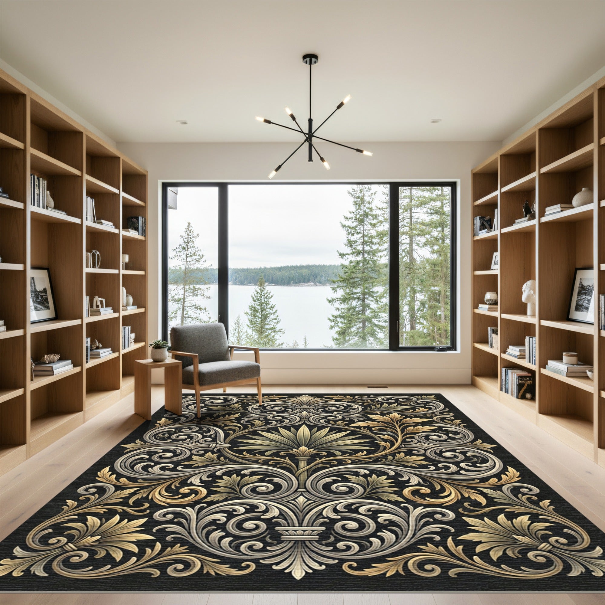 Ornate Gold White Scrollwork Arrangement Rug