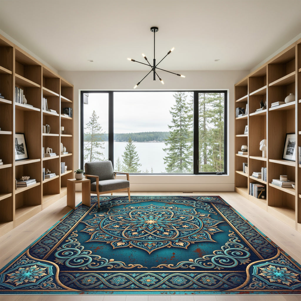 Aquamarine Golden Floral Mandala Medallion Rug