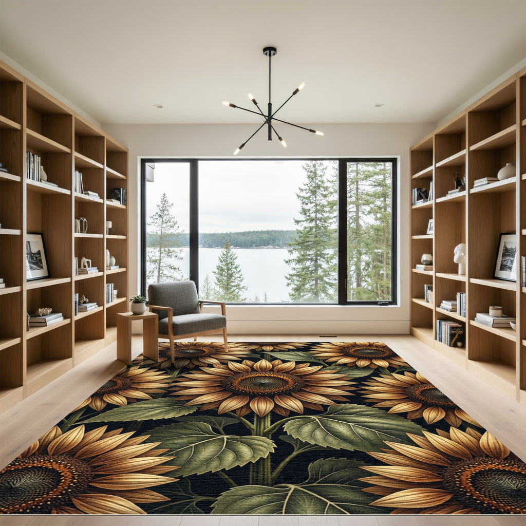 Golden Sunflower Botanical Floral Art Rug