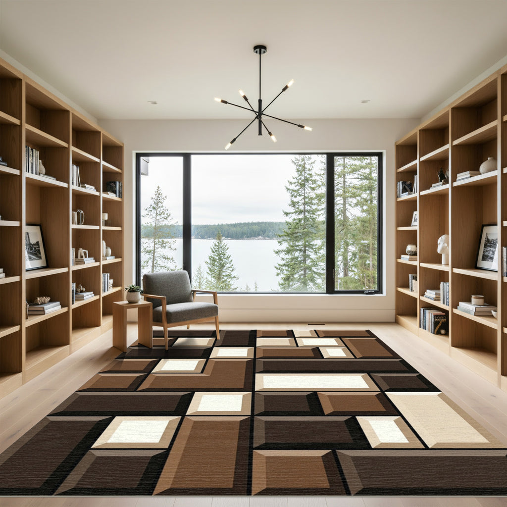 Modern Coffee Tones Geometric Block Rug