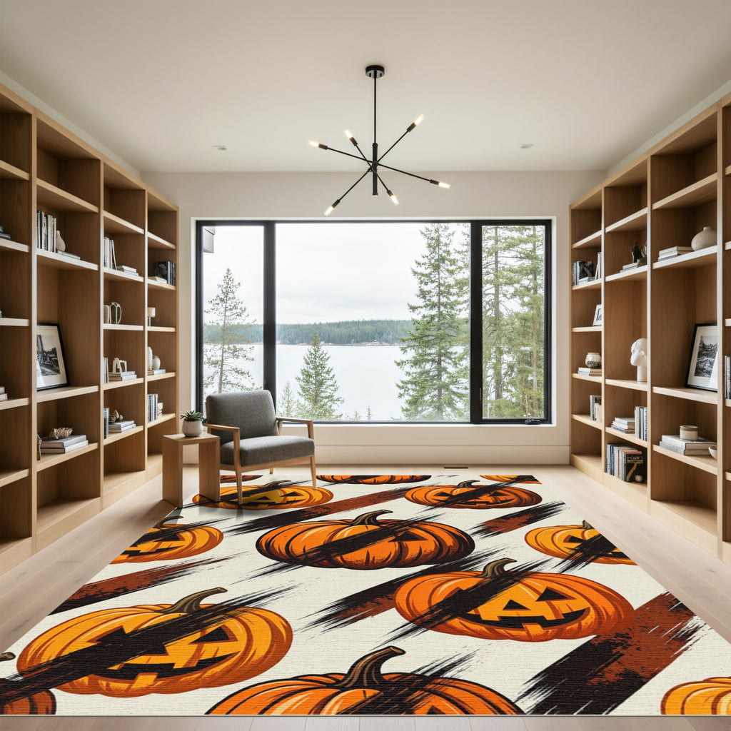 Spooky Jack-o-Lantern Black Brushstroke Accent Rug