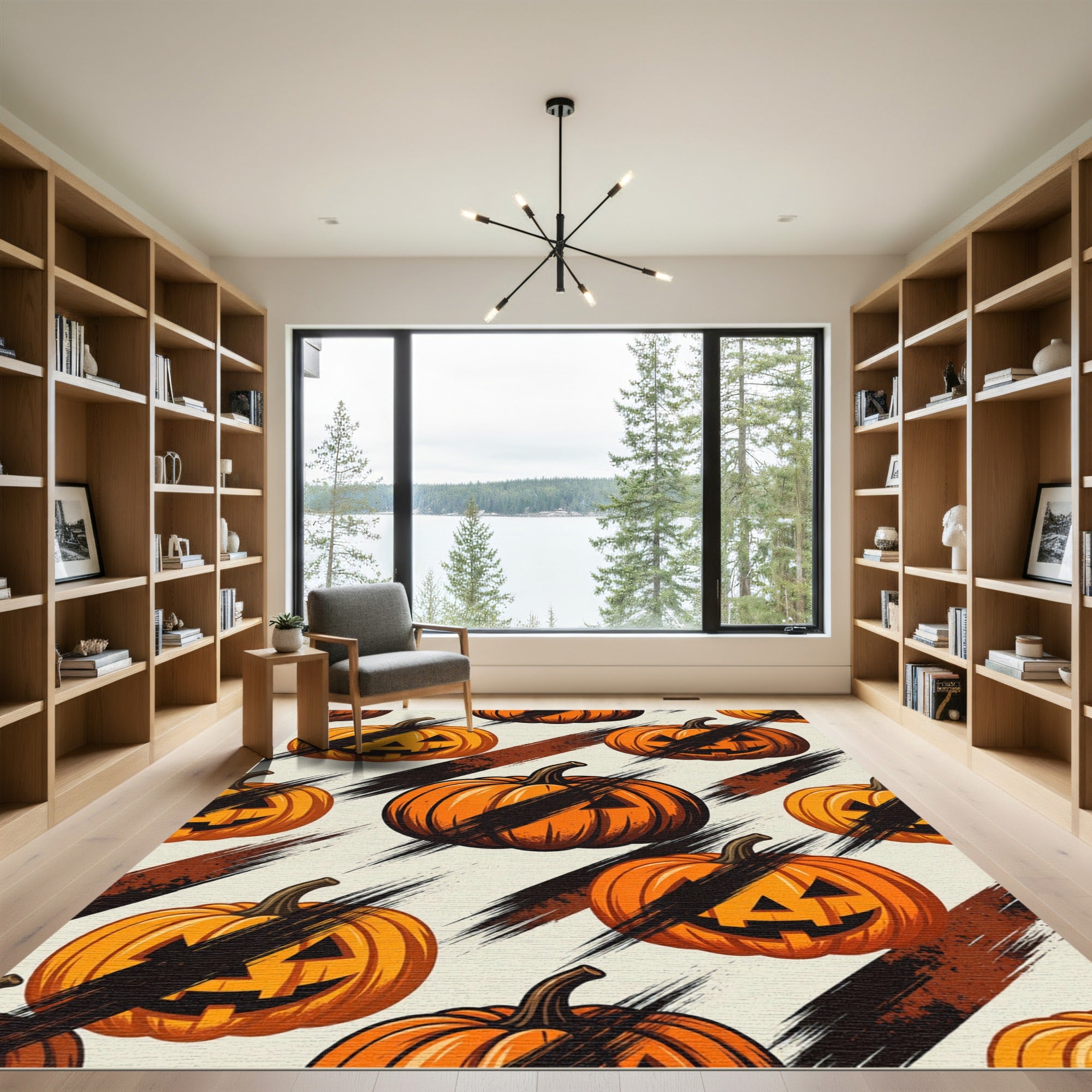 Spooky Jack-o-Lantern Black Brushstroke Accent Rug