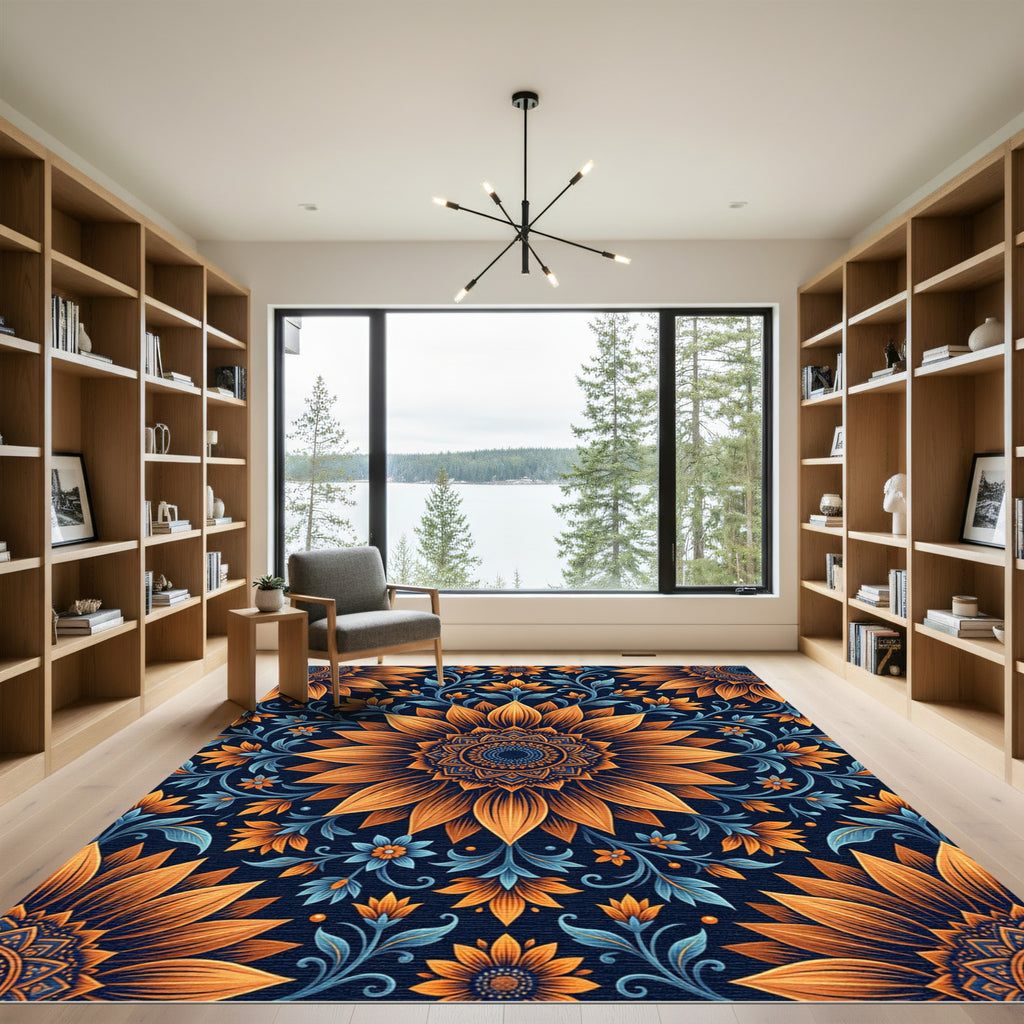 Orange Blue Sunflower Mandala Bloom Rug