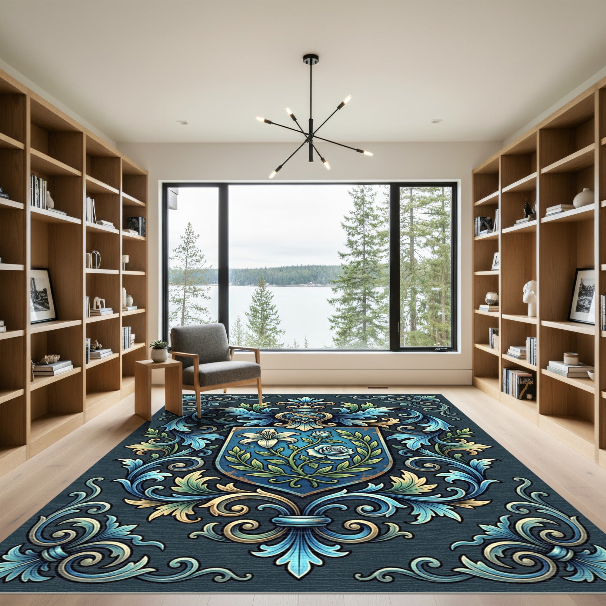 Blue Floral Heirloom Shield Scroll Rug