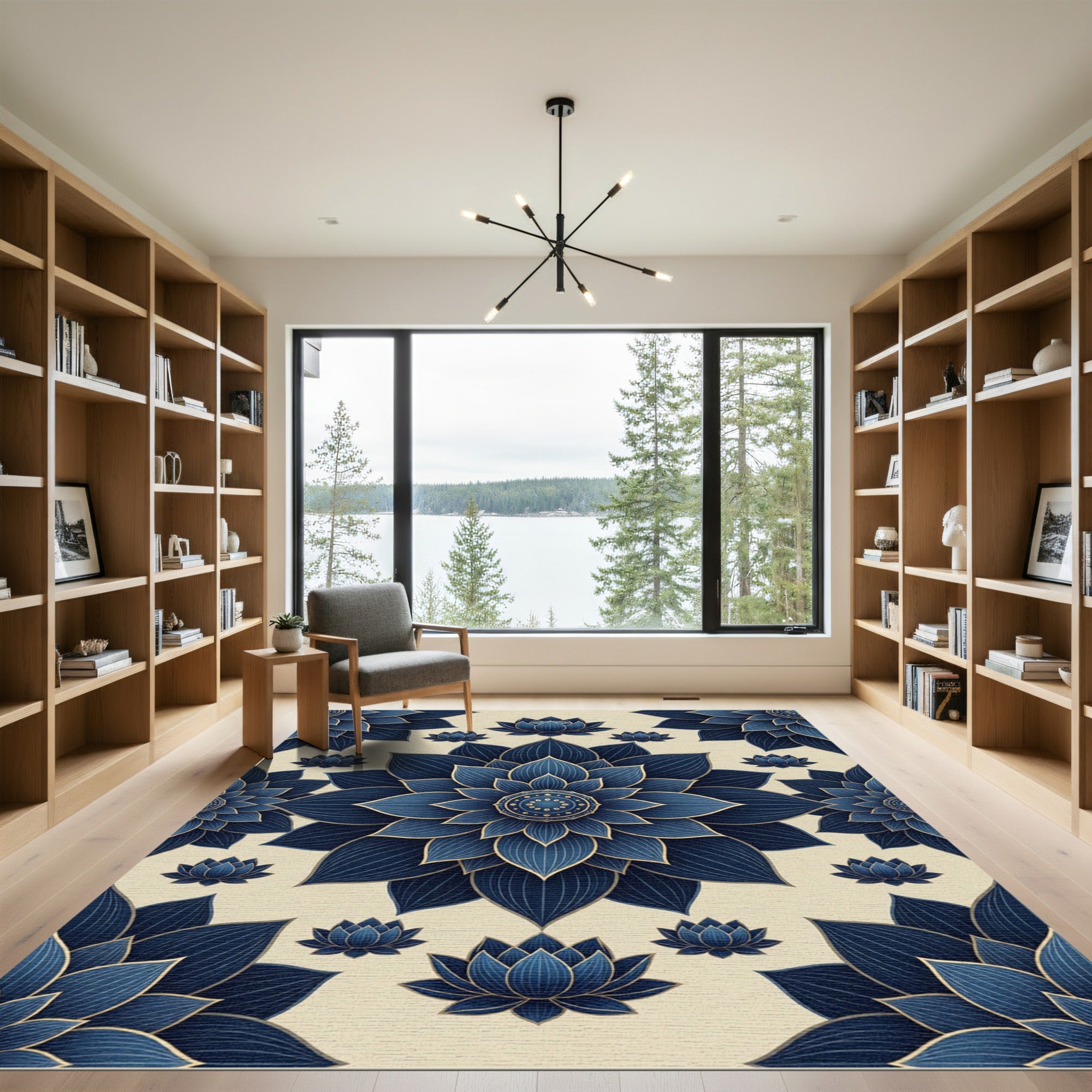 Elegant Navy Lotus Medallion Rug
