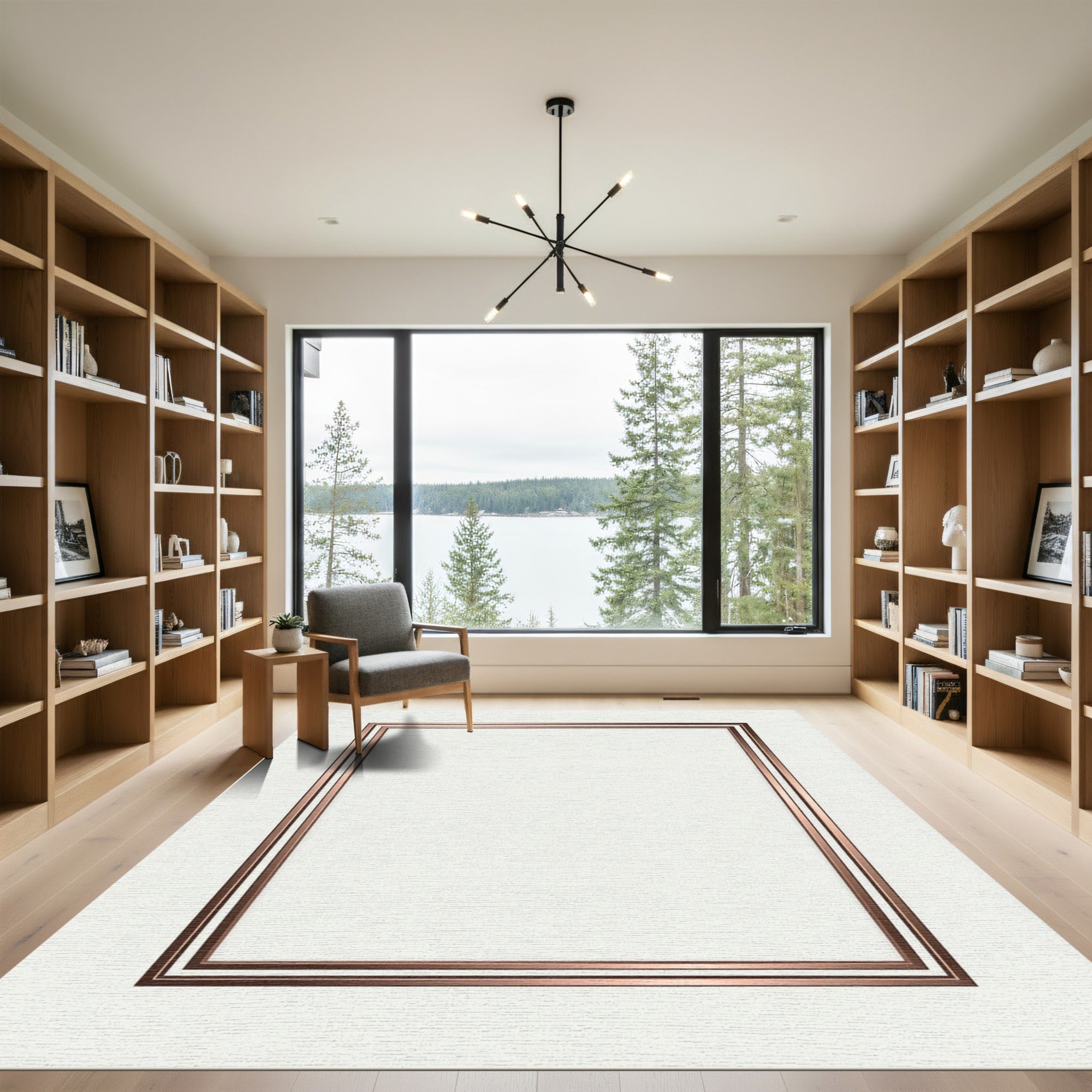 Geometric Copper Double Line Border Rug