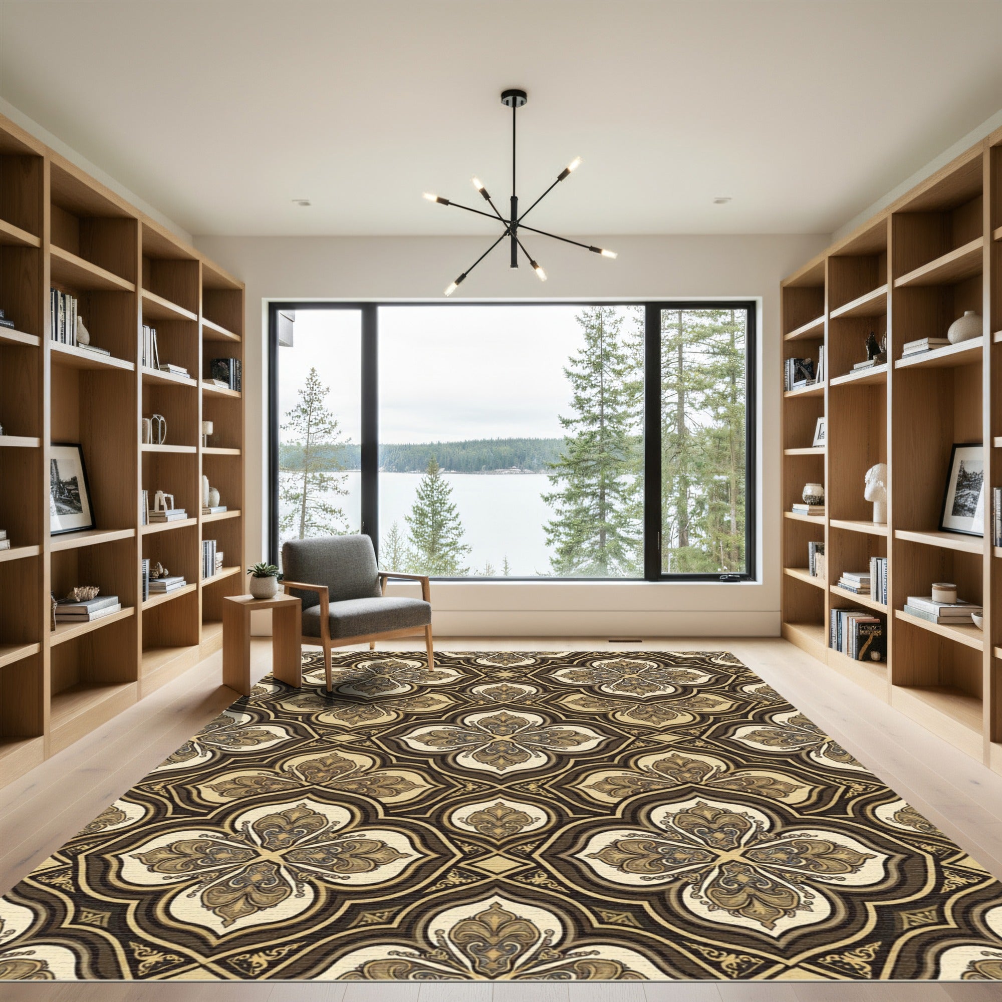 Ornate Bronze Damask Quadrifolium Scroll Rug