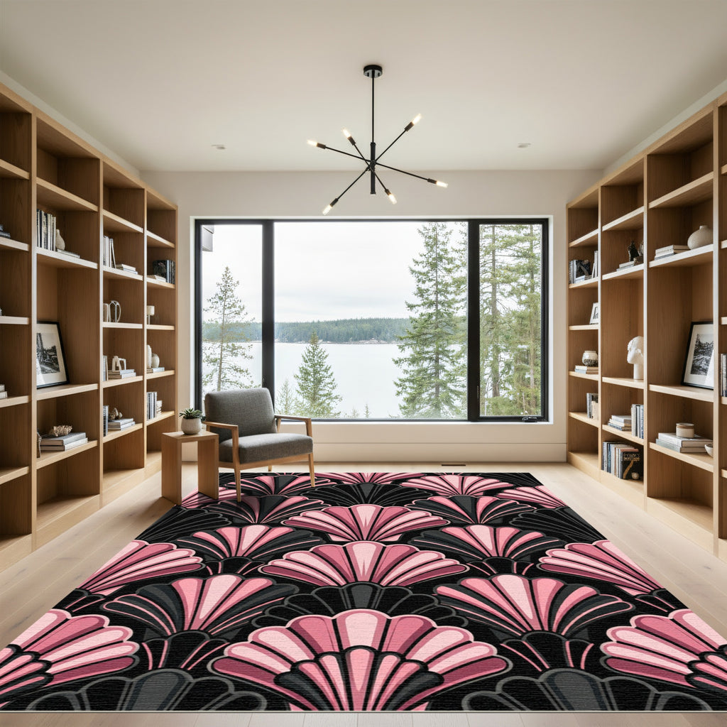 Art Deco Pink Black Shell Fan Rug