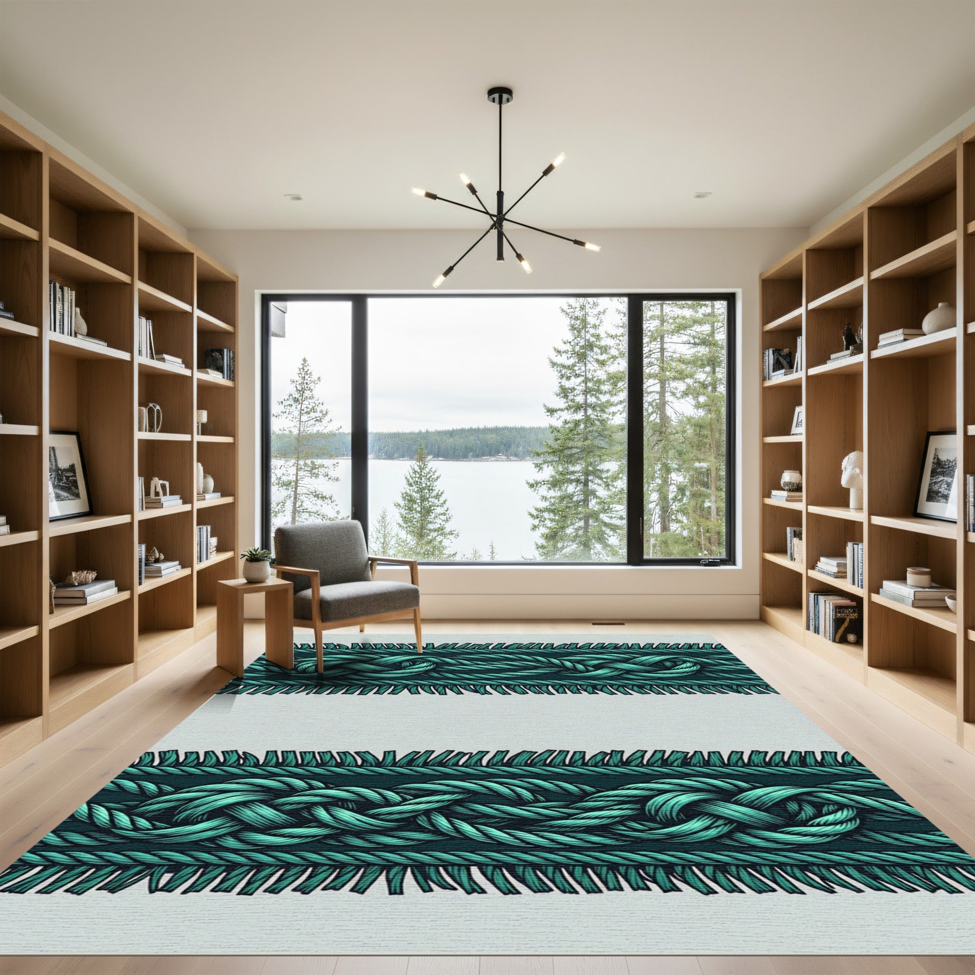 Teal Nautical Rope Border Fringe Rug