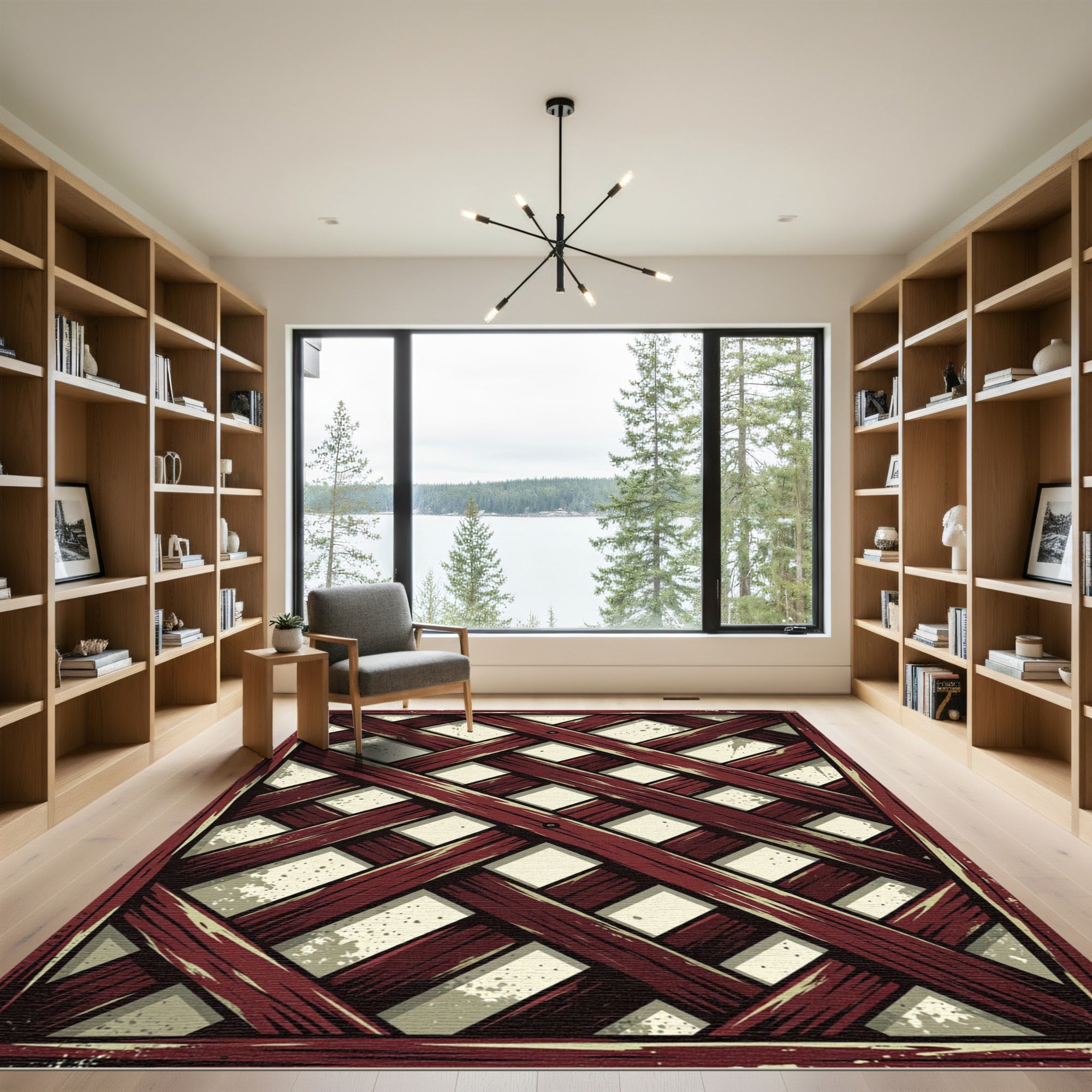 Rustic Crimson Lattice Geometric Grid Rug