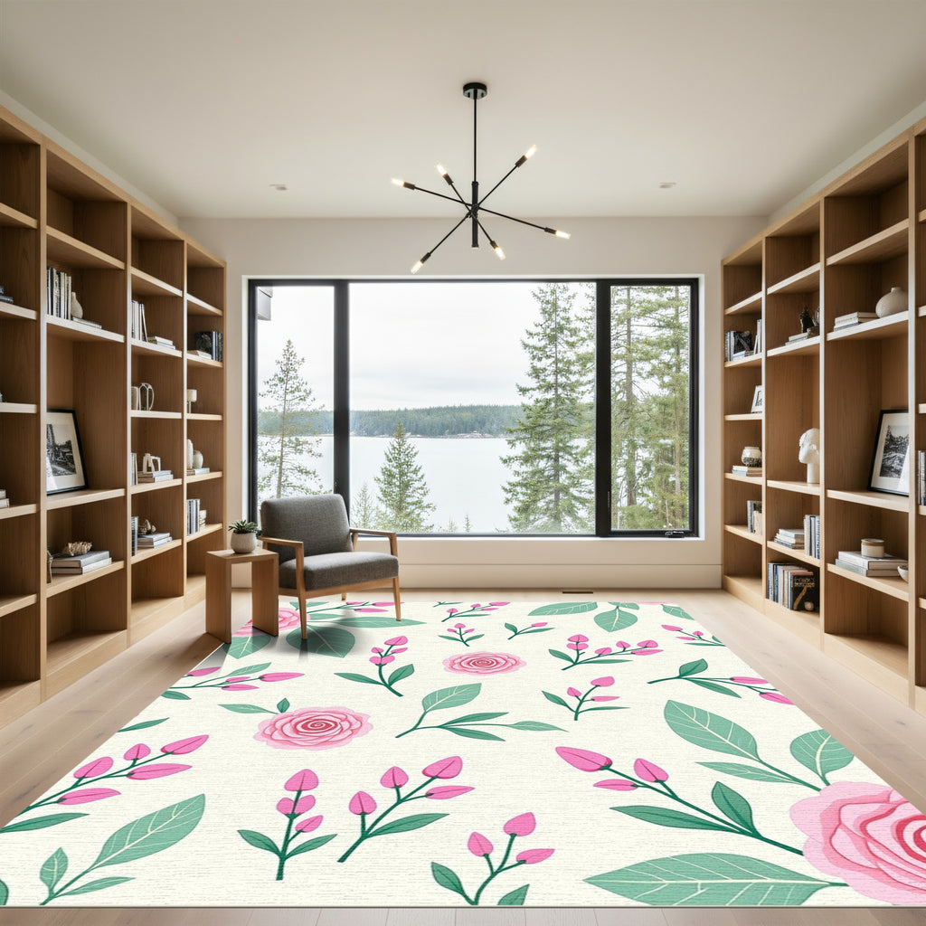 Pink Roses and Green Leaves Pattern Rug
