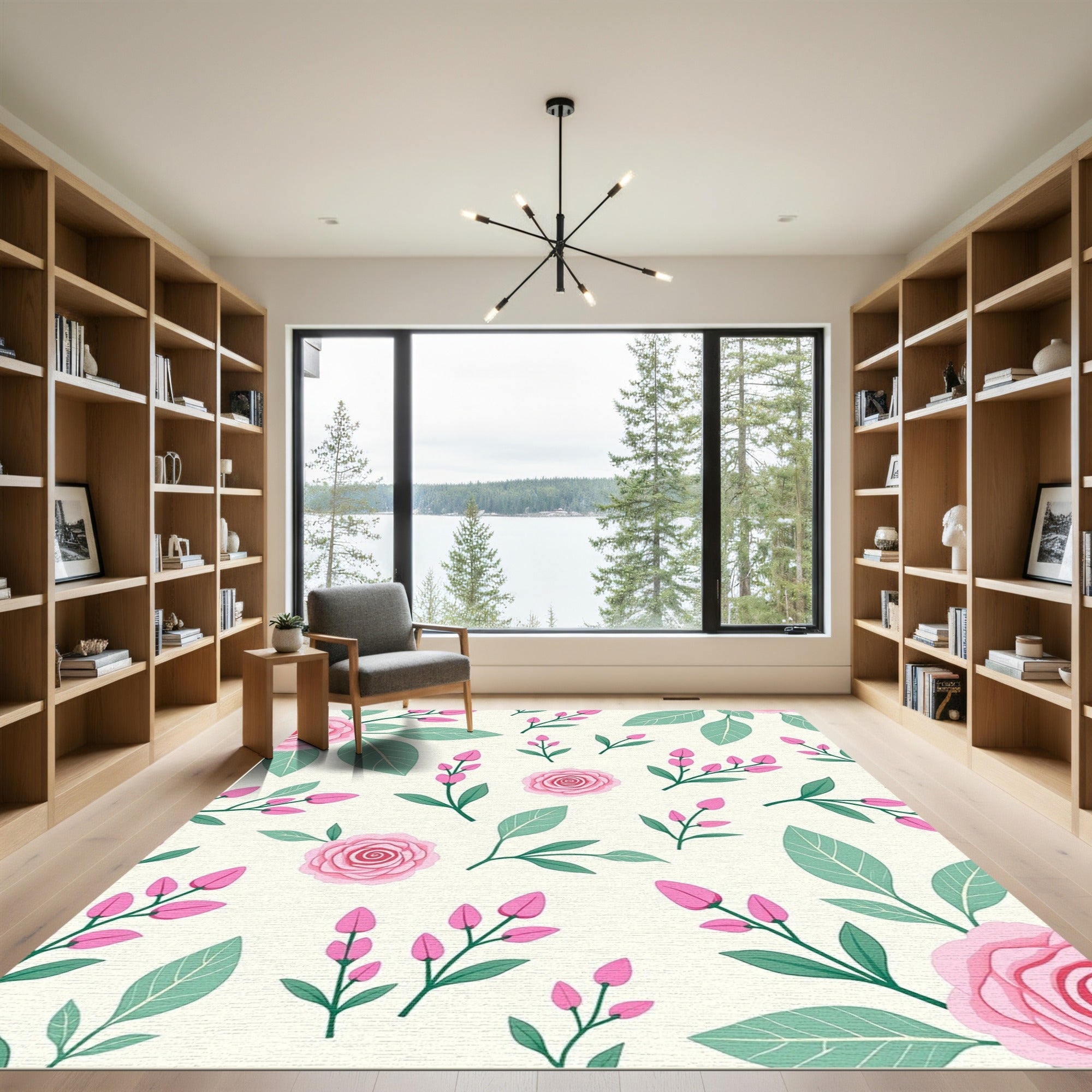Pink Roses and Green Leaves Pattern Rug