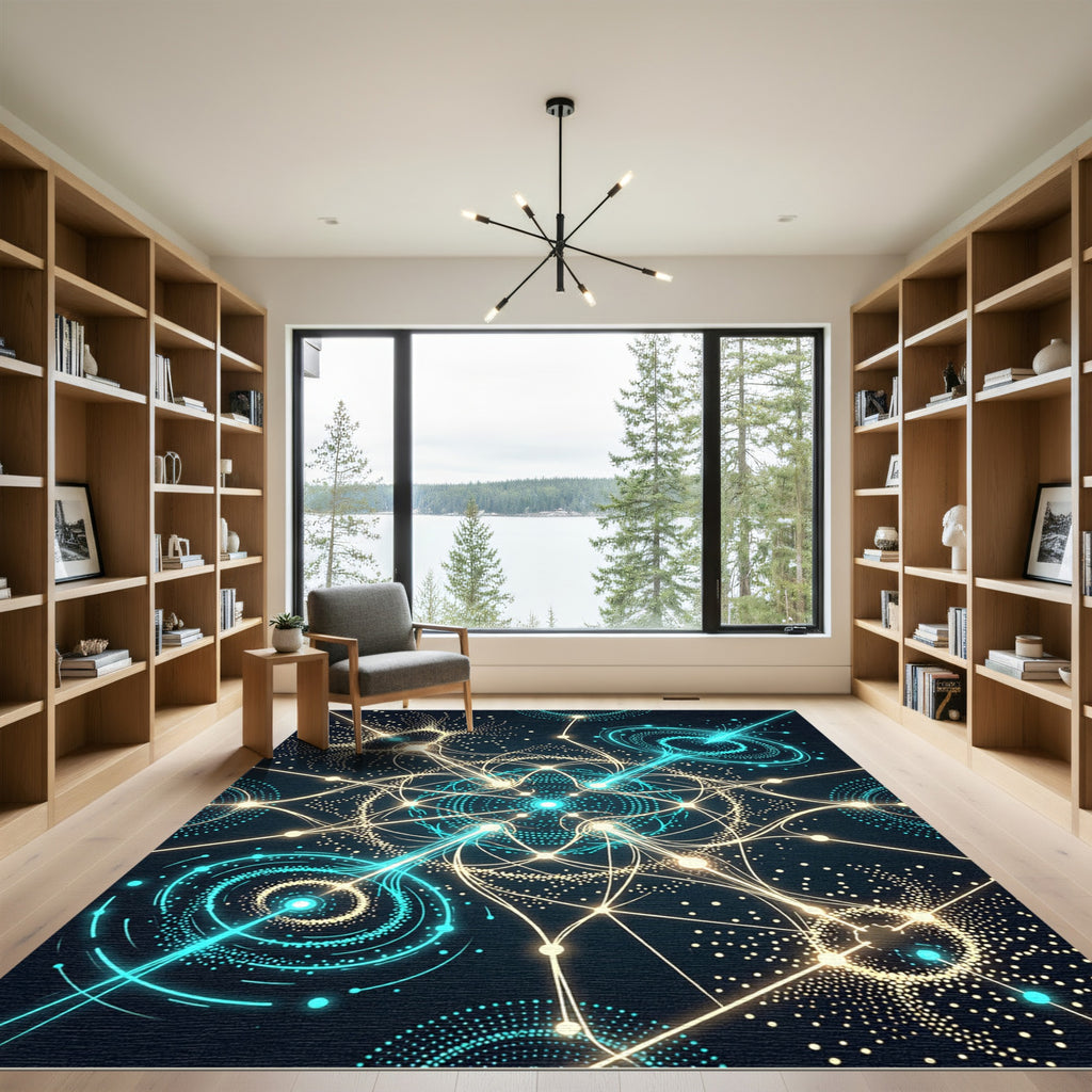 Luminous Cyan Golden Celestial Network Aura Rug