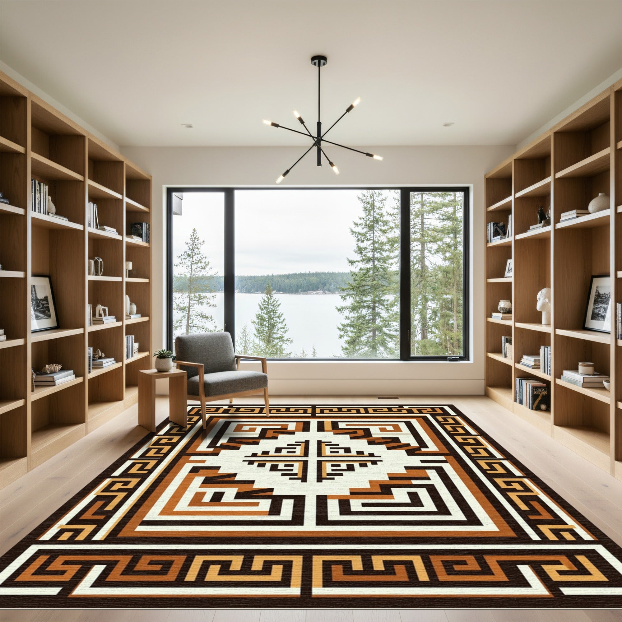 Rustic Geometric Maze Border Rug