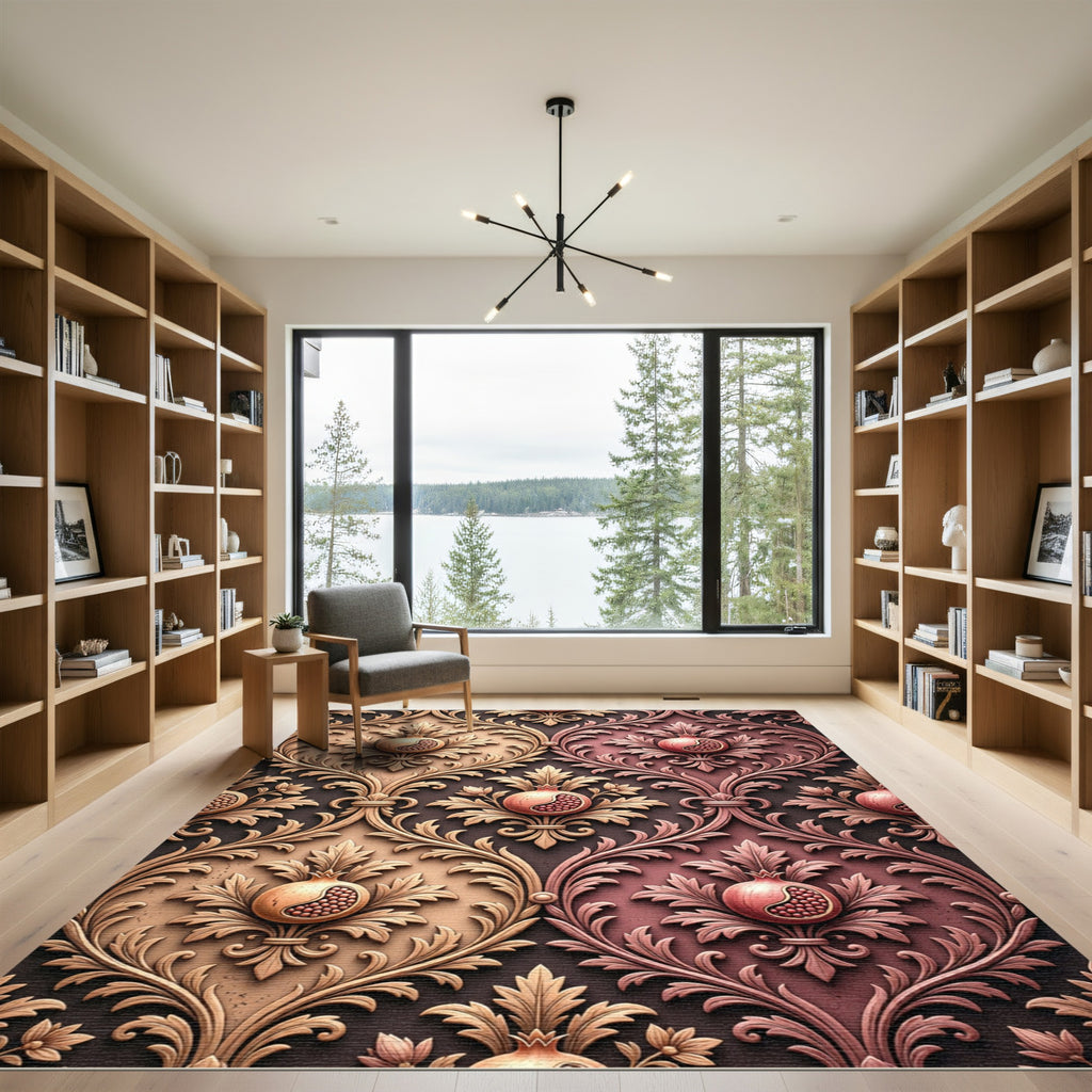 Elegant Damask Pomegranate Golden Mauve Scroll Rug