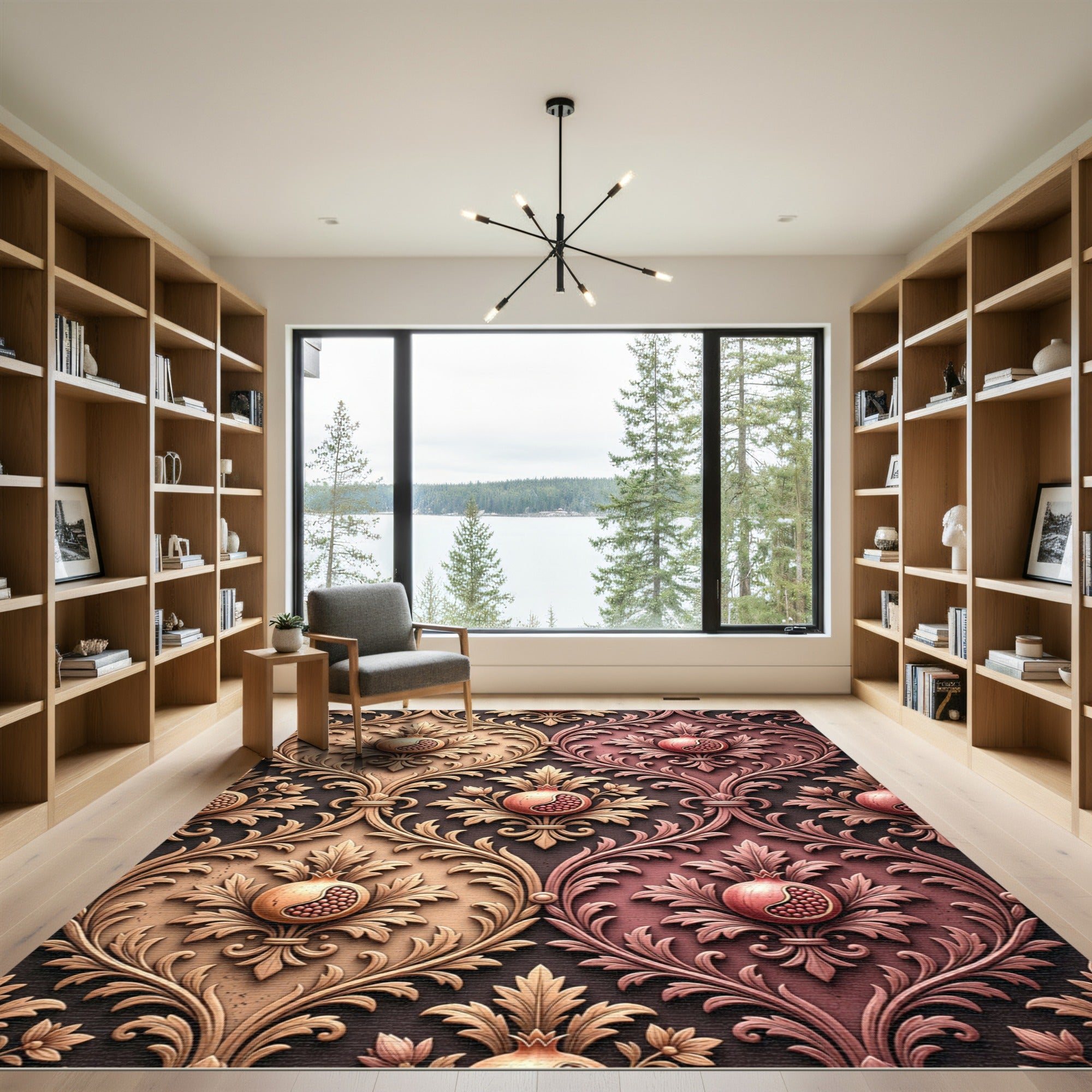 Elegant Damask Pomegranate Golden Mauve Scroll Rug
