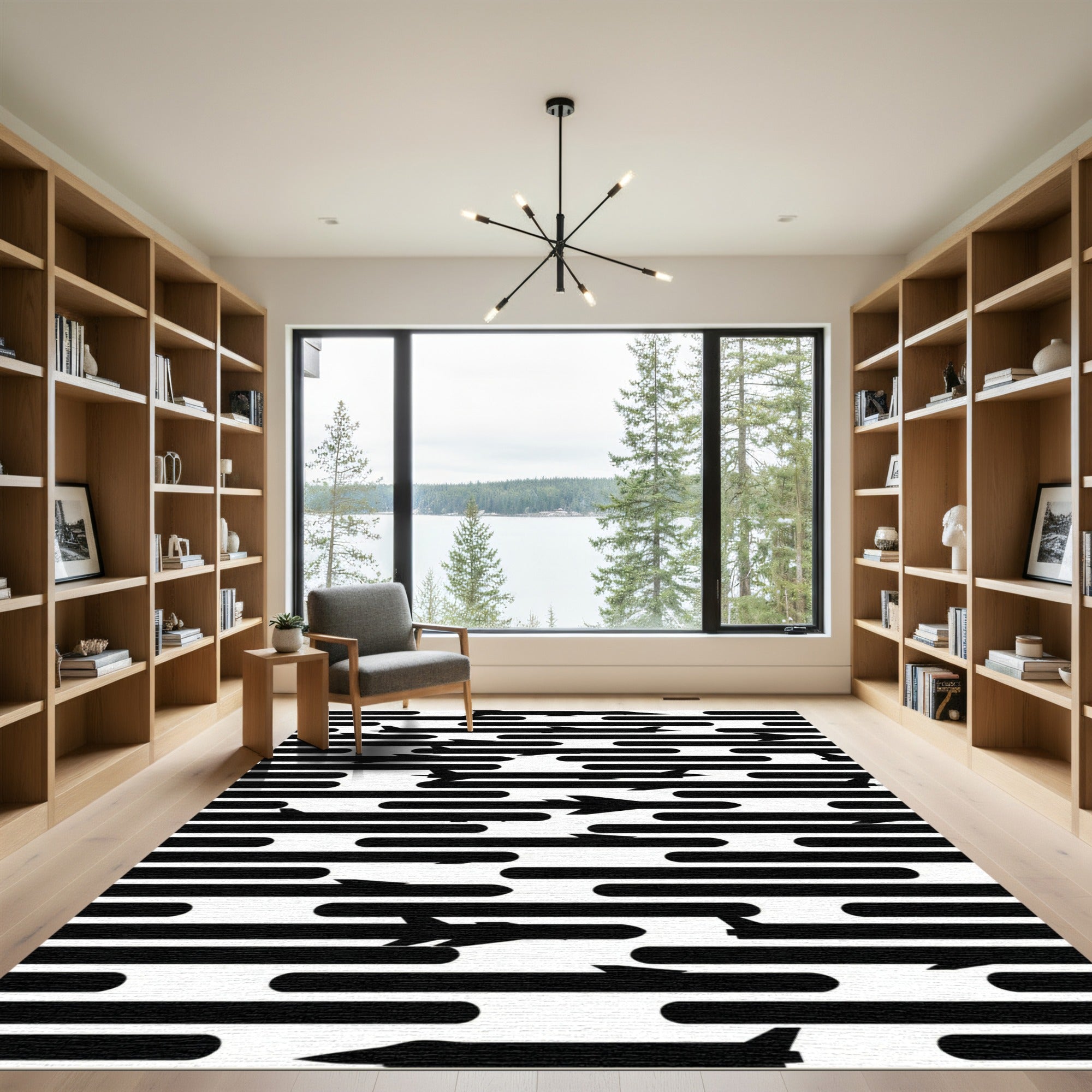 Monochrome Jet Aircraft Silhouette Striped Rug