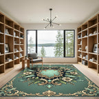 Ornate Teal Floral Crest Border Rug