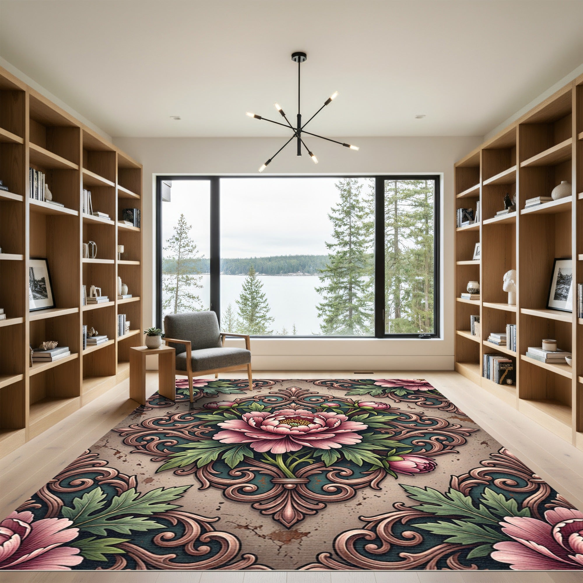 Elegant Blush Peony Filigree Damask Rug