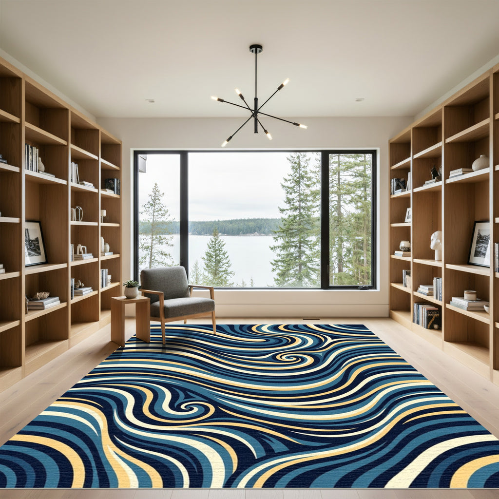 Navy and Gold Fluid Swirl Wave Rug