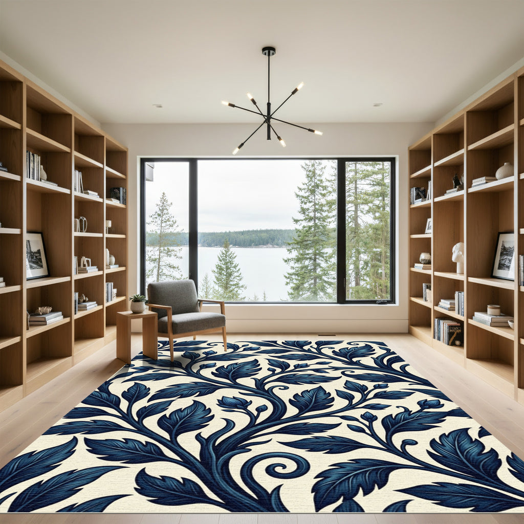 Deep Blue Leafy Vine Swirl Rug