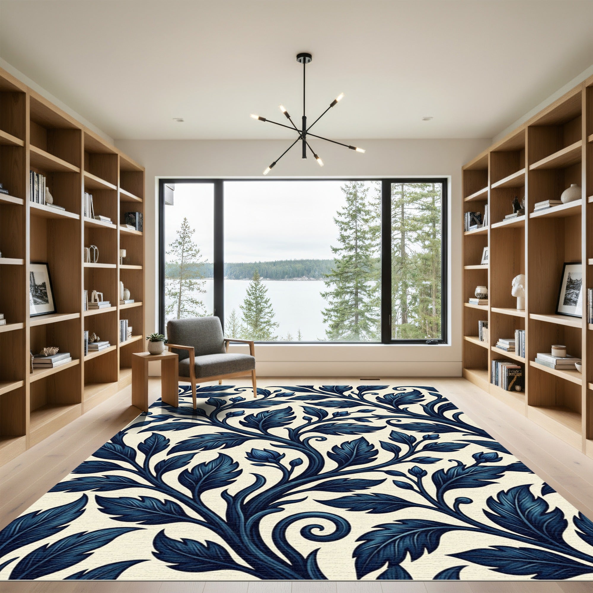 Deep Blue Leafy Vine Swirl Rug