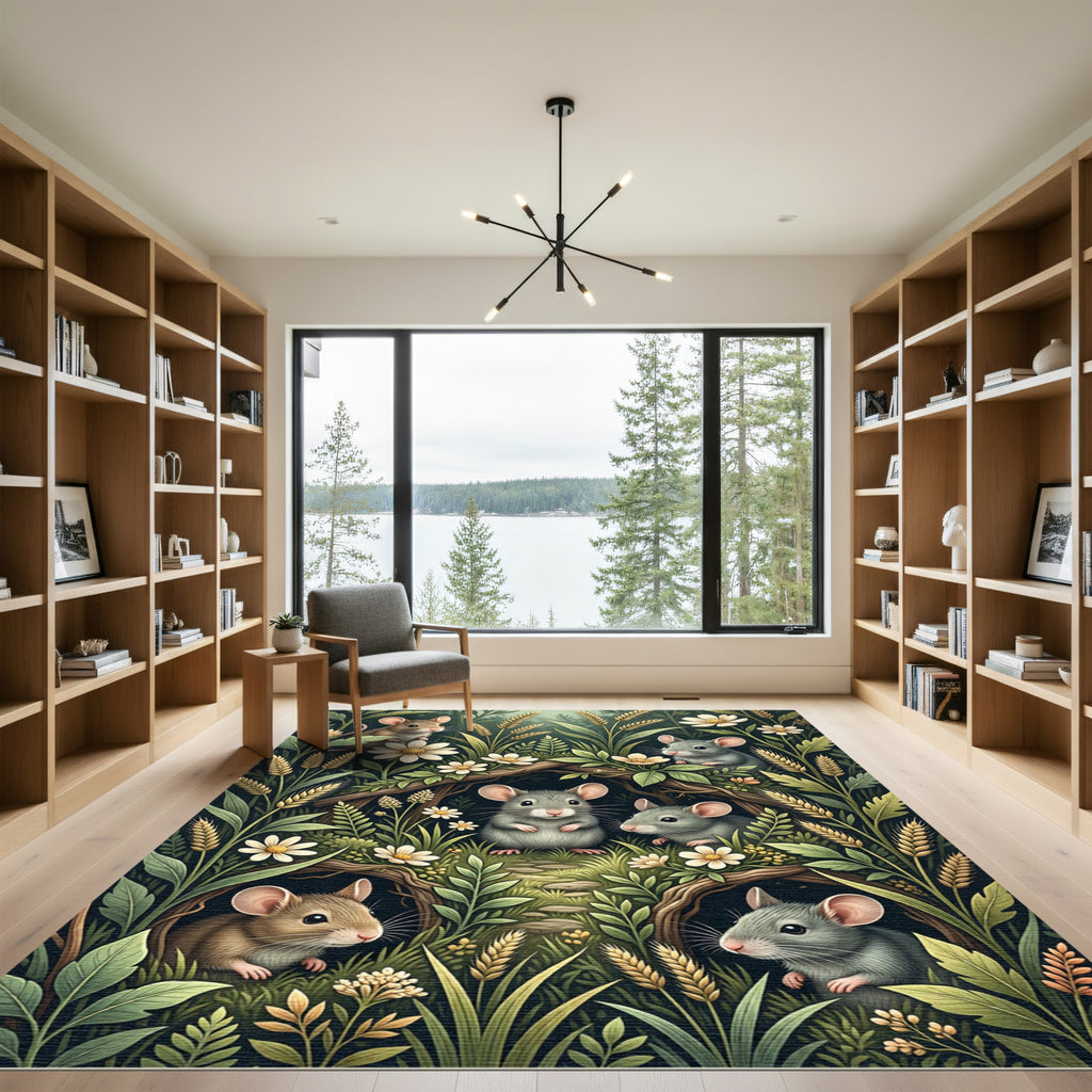 Whimsical Forest Mice and Wildflower Meadow Rug