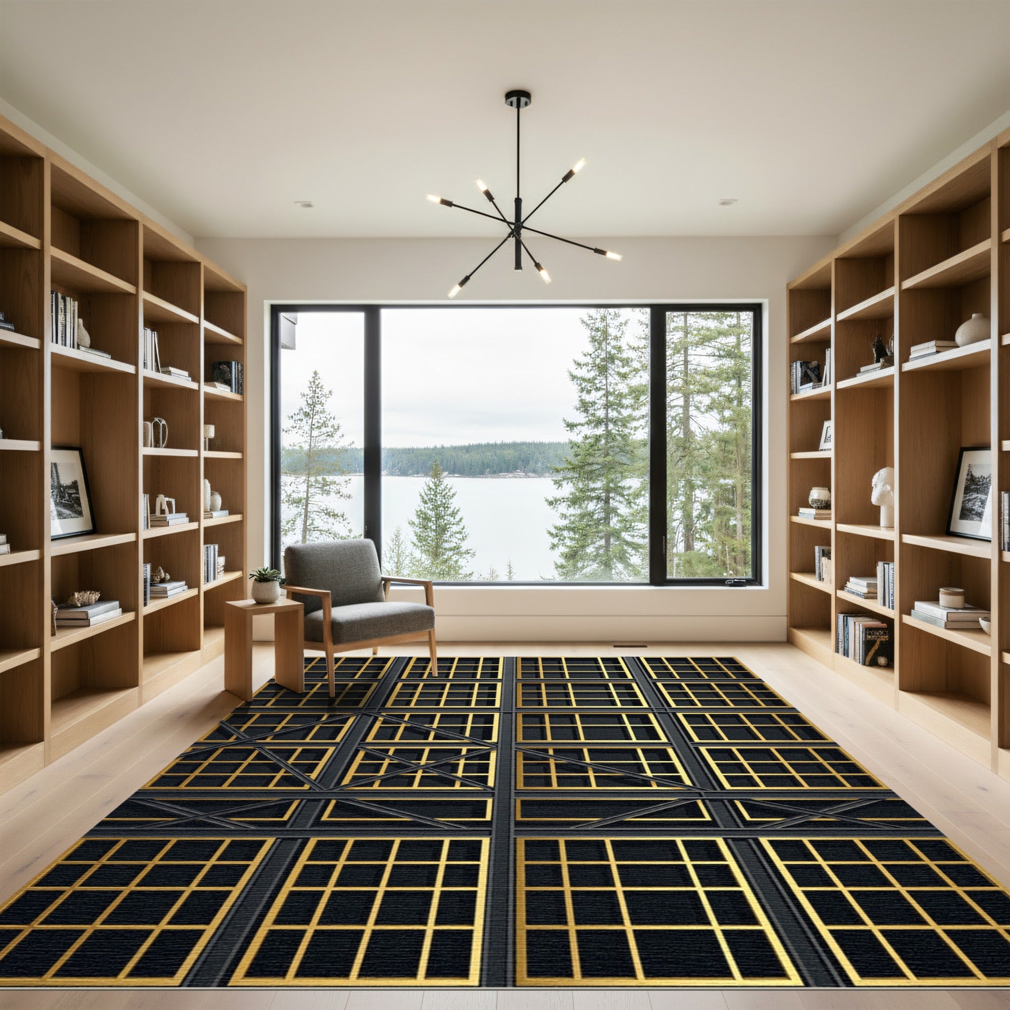 Ornate Gold Grid Window Arrangement Rug