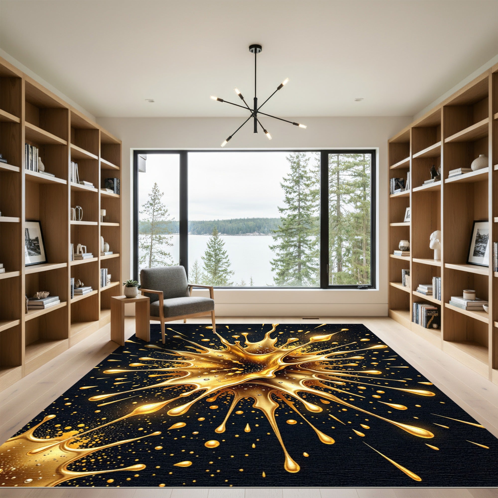 Golden Splatter Abstract Fluid Burst Rug