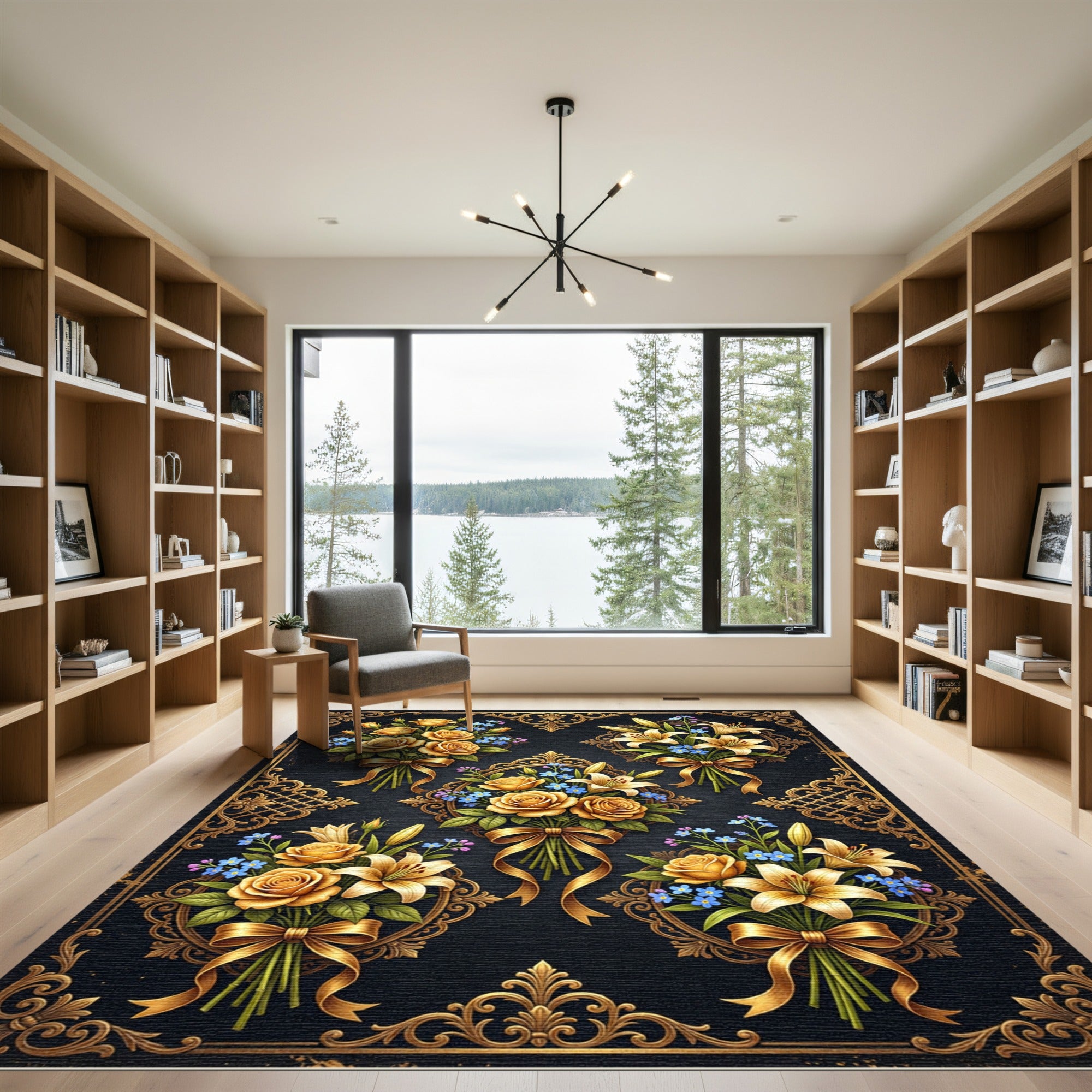 Ornate Golden Rose Lily Floral Bouquet Rug