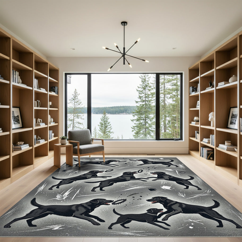 Playful Black Labrador Charcoal Sketch Rug