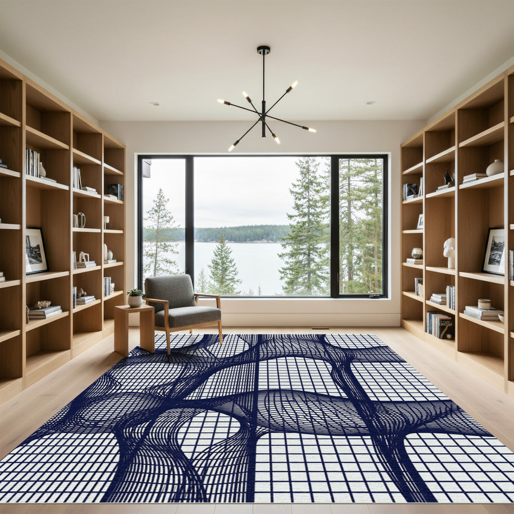 Dark Blue Grid Warp Abstract Rug