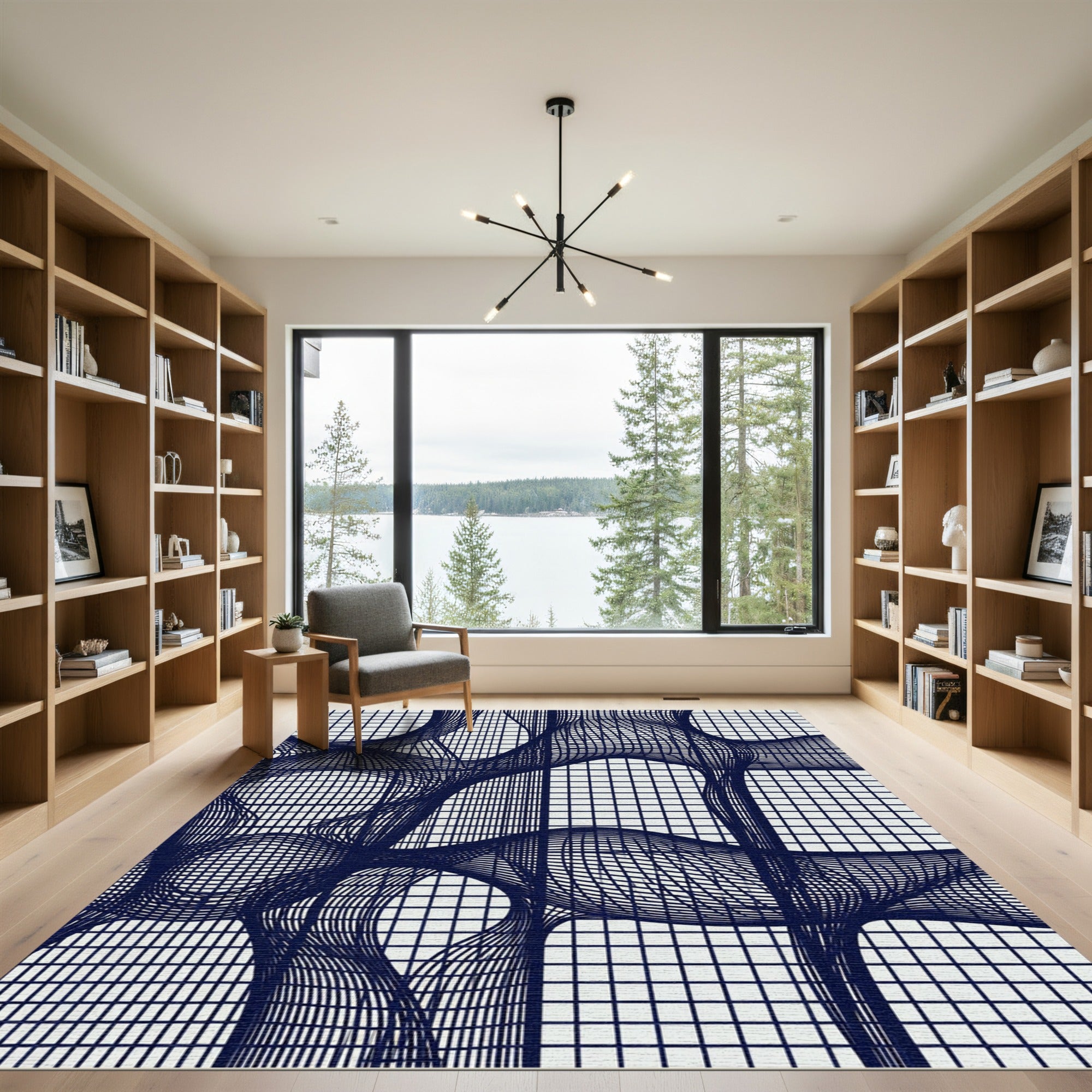 Dark Blue Grid Warp Abstract Rug
