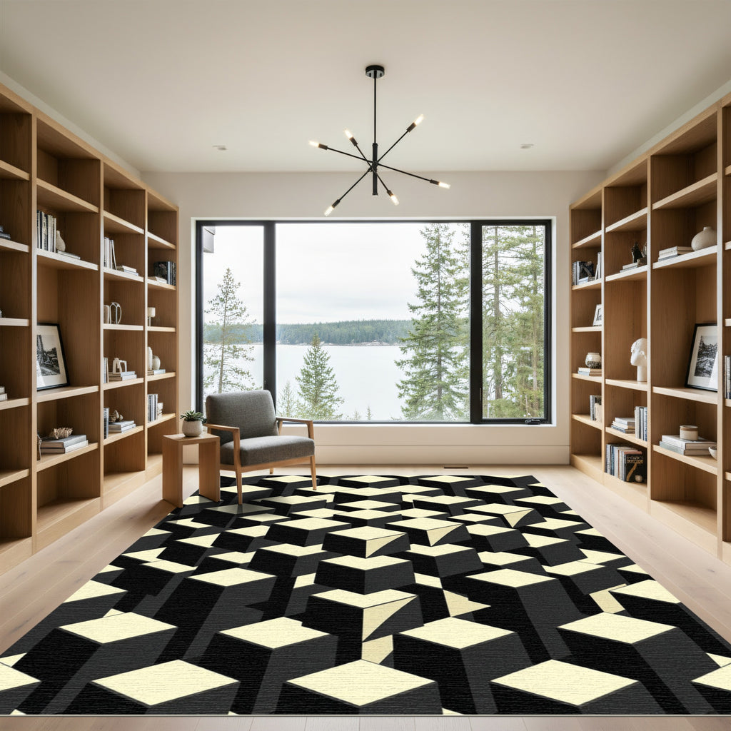 Monochrome Geometric Three Dimensional Isometric Cube Rug