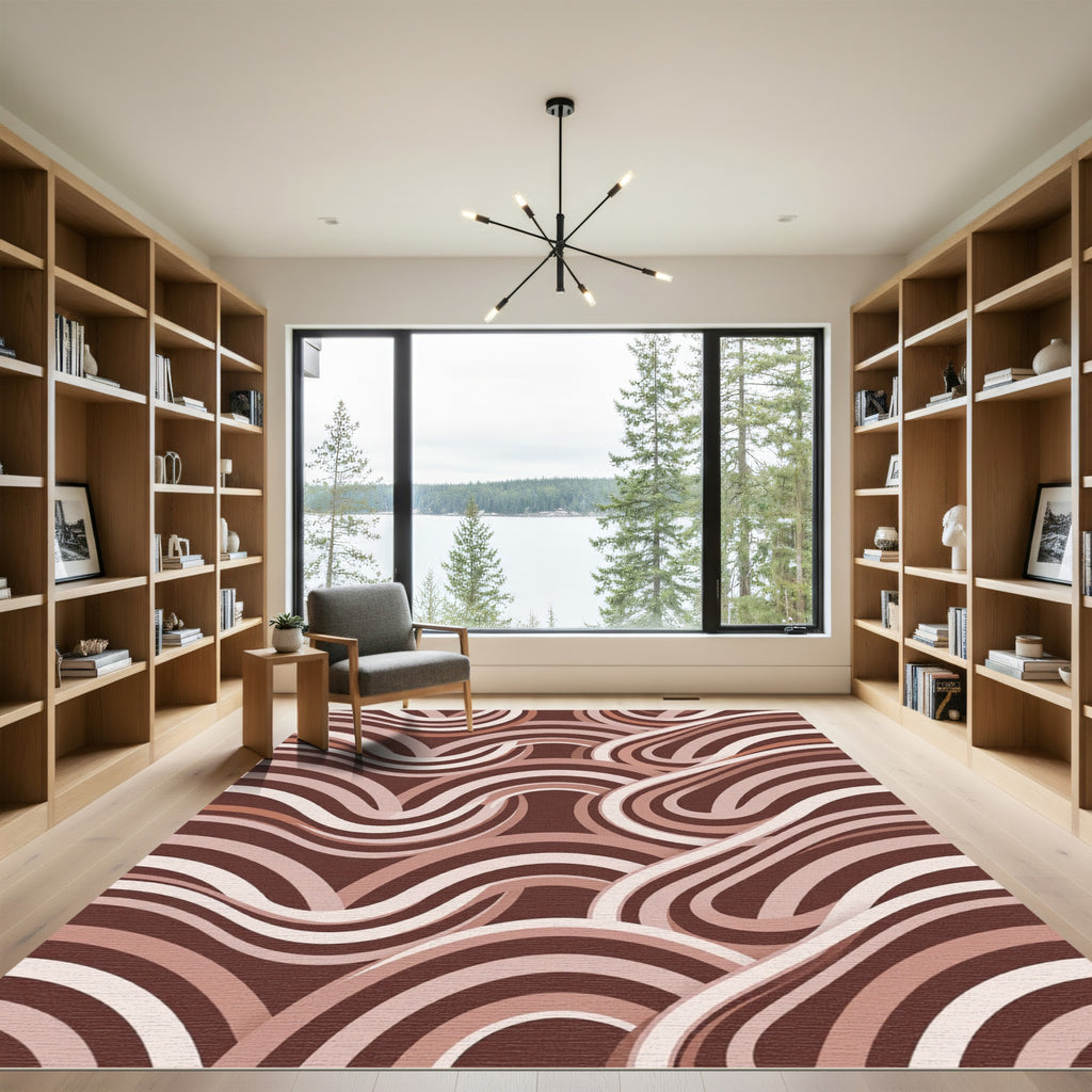 Modern Earthy Brown Swirling Wave Rug