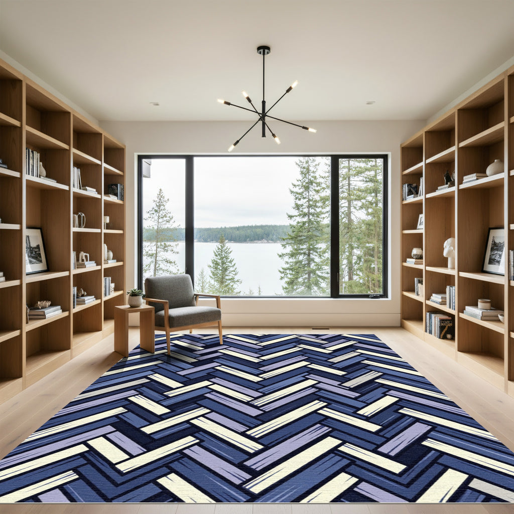 Blue Herringbone Weave Geometric Texture Rug