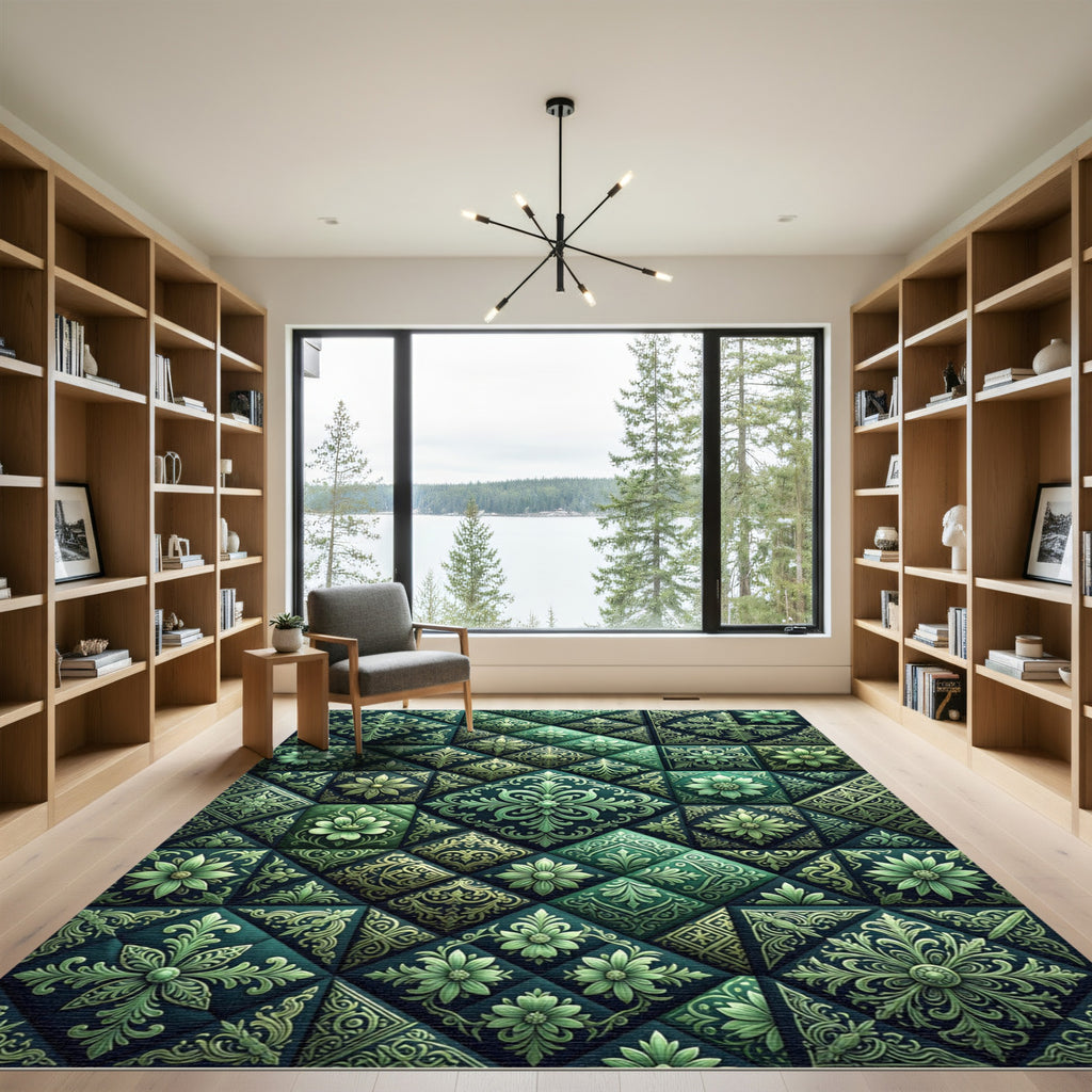 Emerald Green Ornate Floral Tile Rug