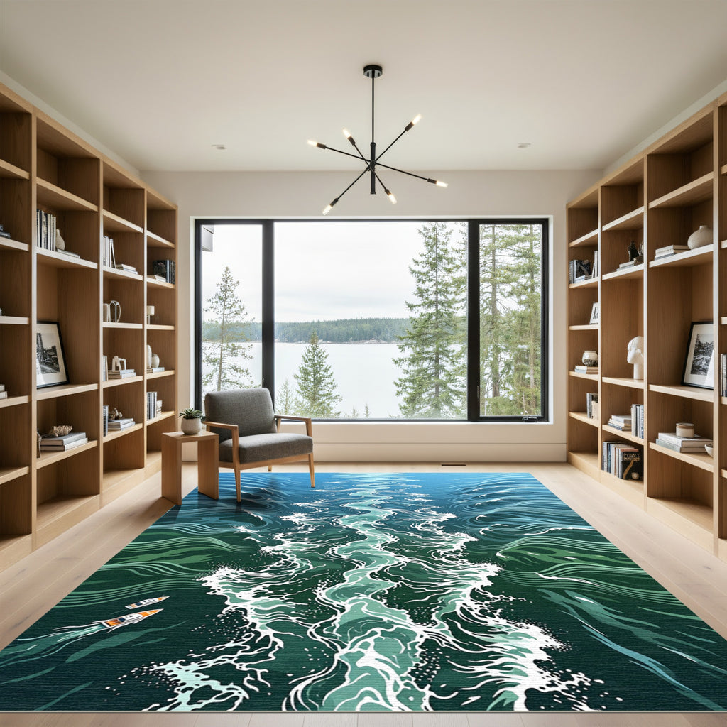 Abstract Teal Ocean Wake Swirls Rug
