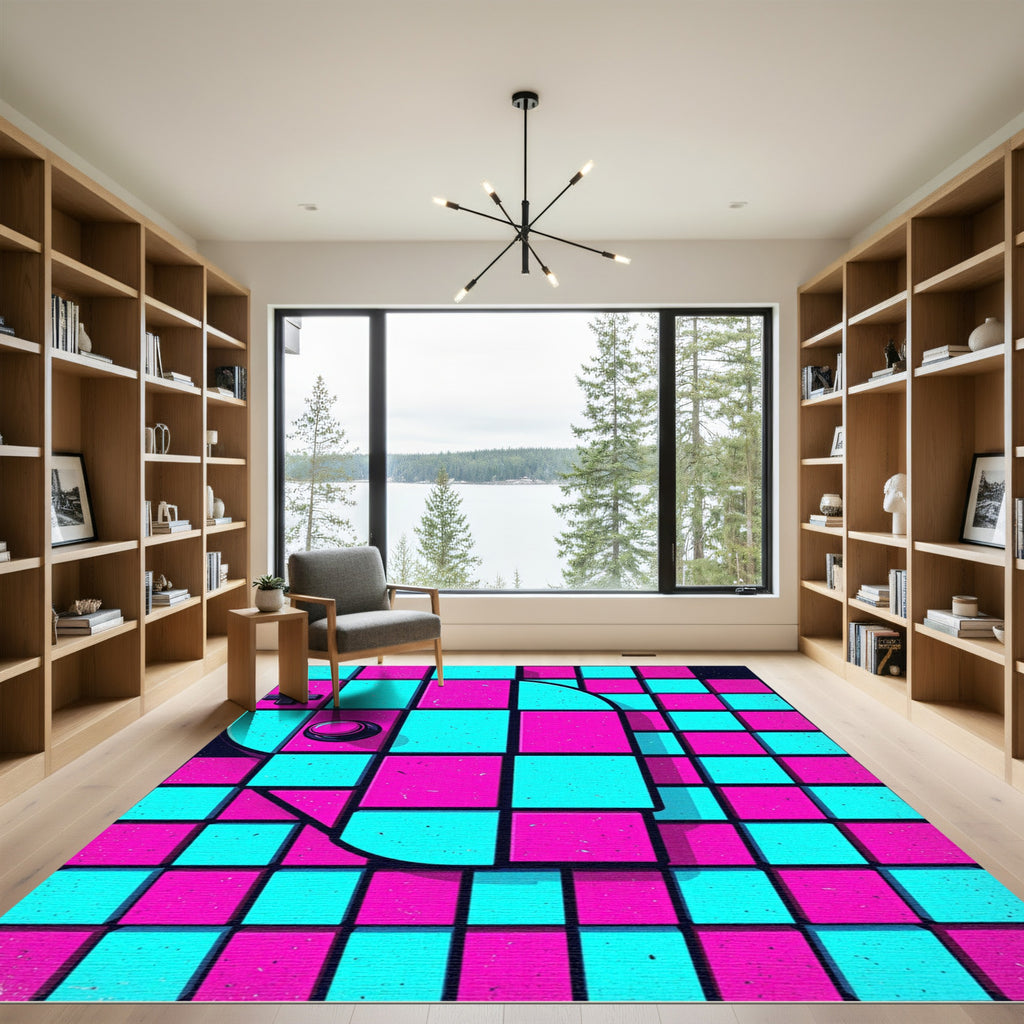 Neon Magenta and Cyan Retro Grid Rug