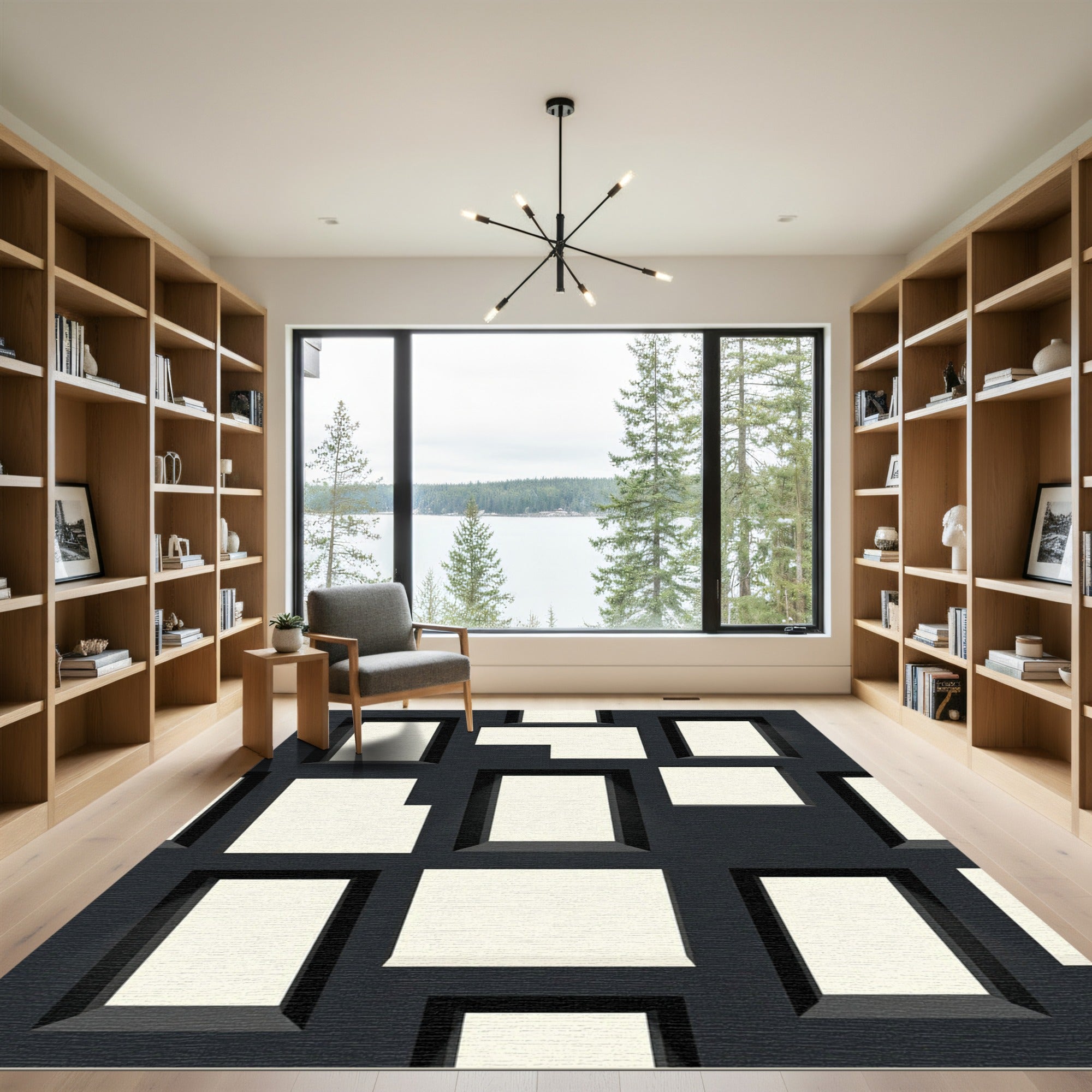 Modern Geometric Monochrome Block Grid Rug