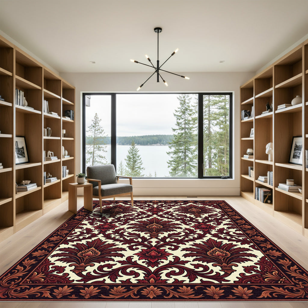 Deep Red Floral Scroll Damask Rug