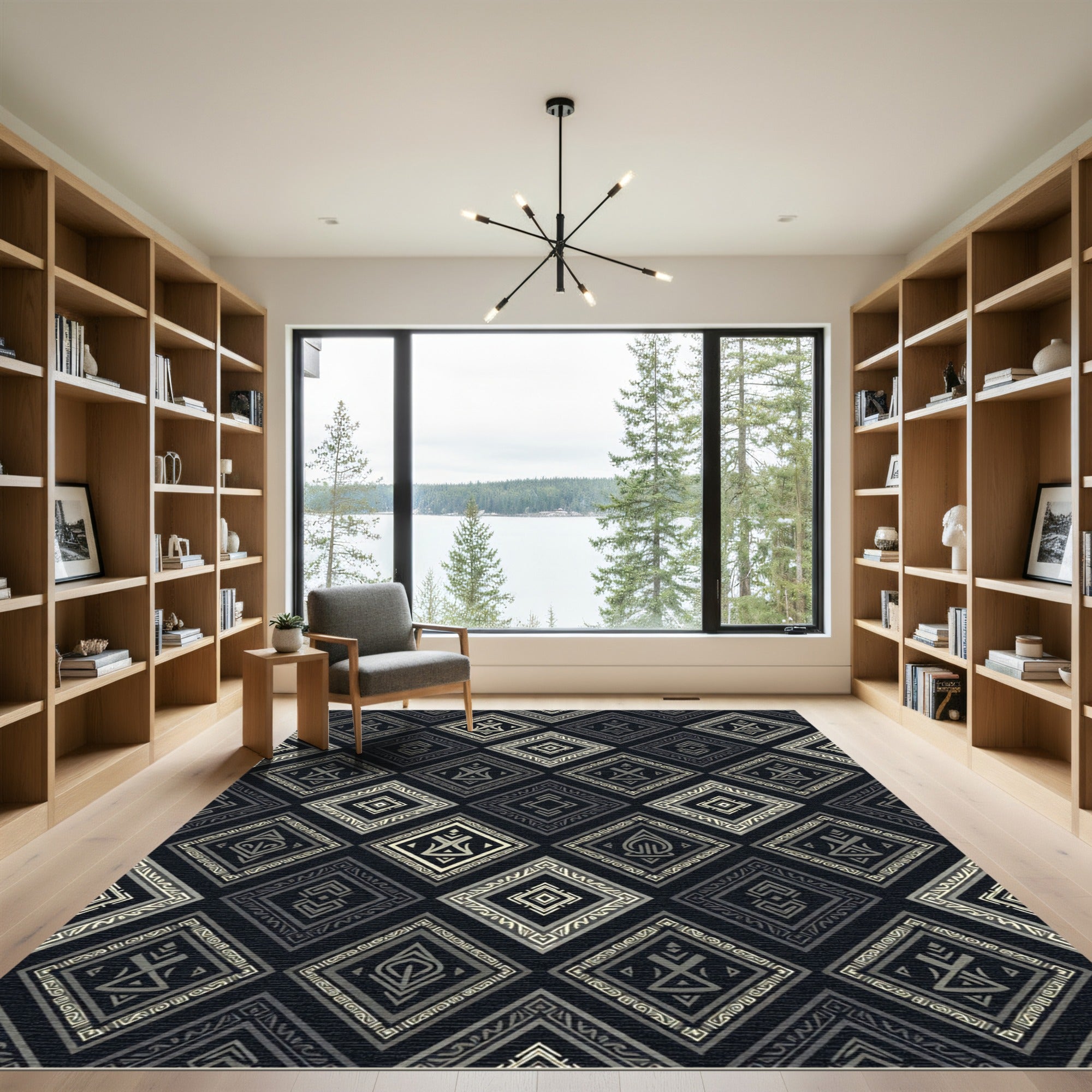 Dark Charcoal Geometric Diamond Monochrome Rug