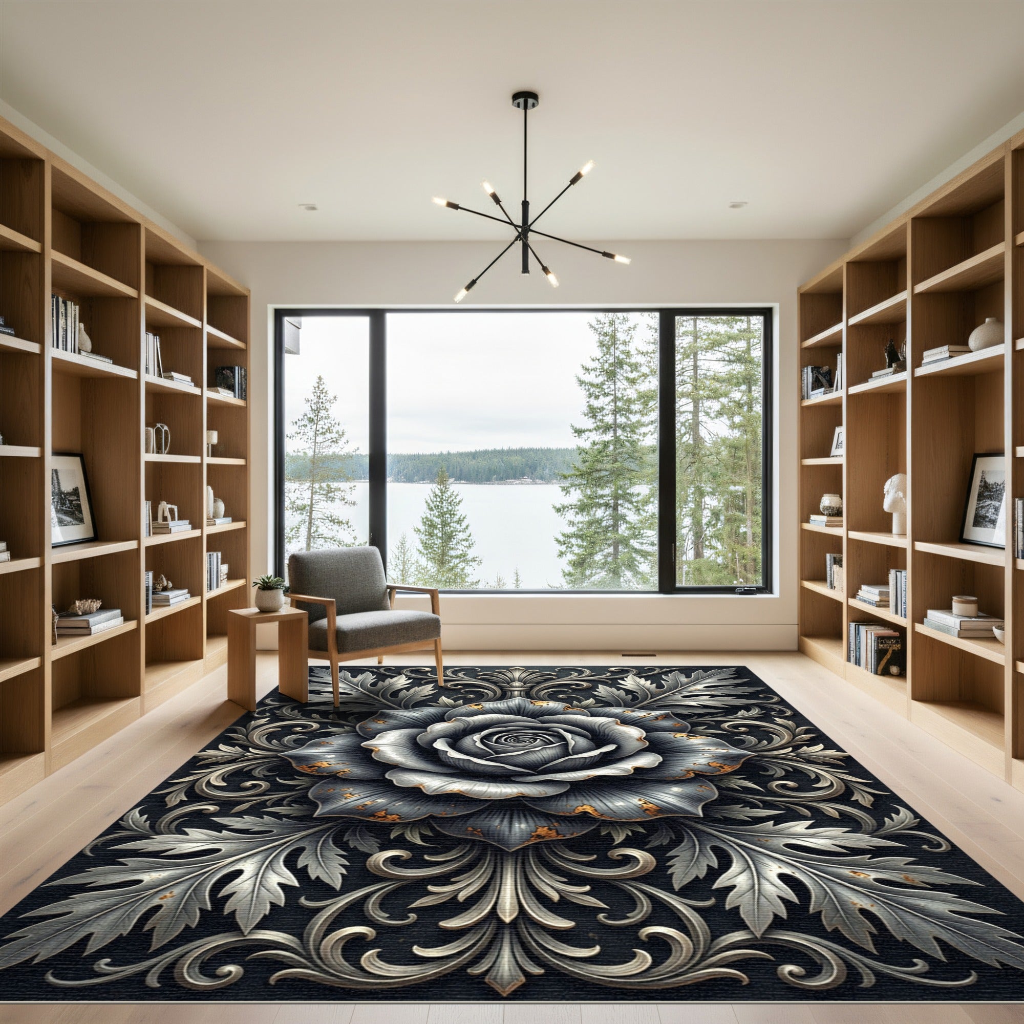 Metallic Silver Rose Filigree Embellishment Rug