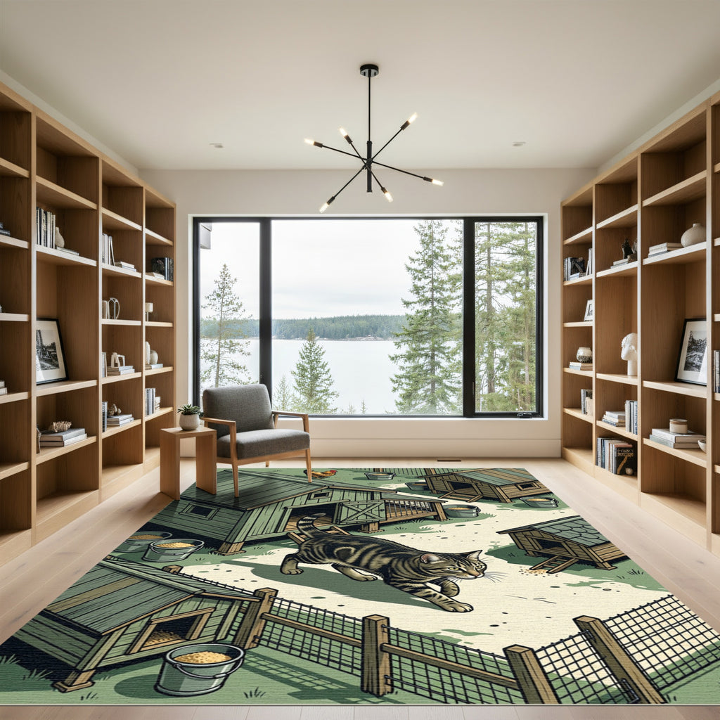 Rustic Farmhouse Tabby Cat Coop Illustration Rug