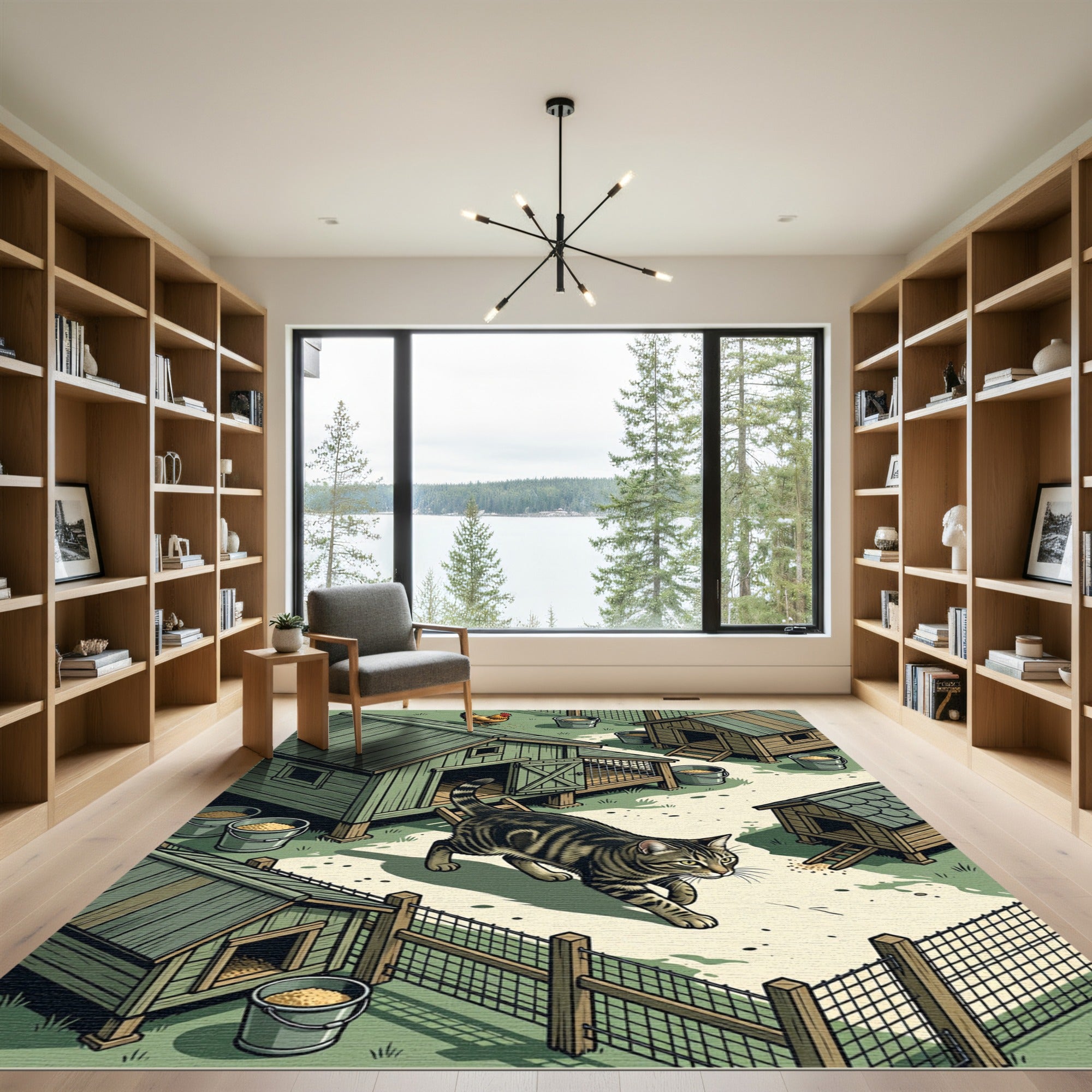 Rustic Farmhouse Tabby Cat Coop Illustration Rug