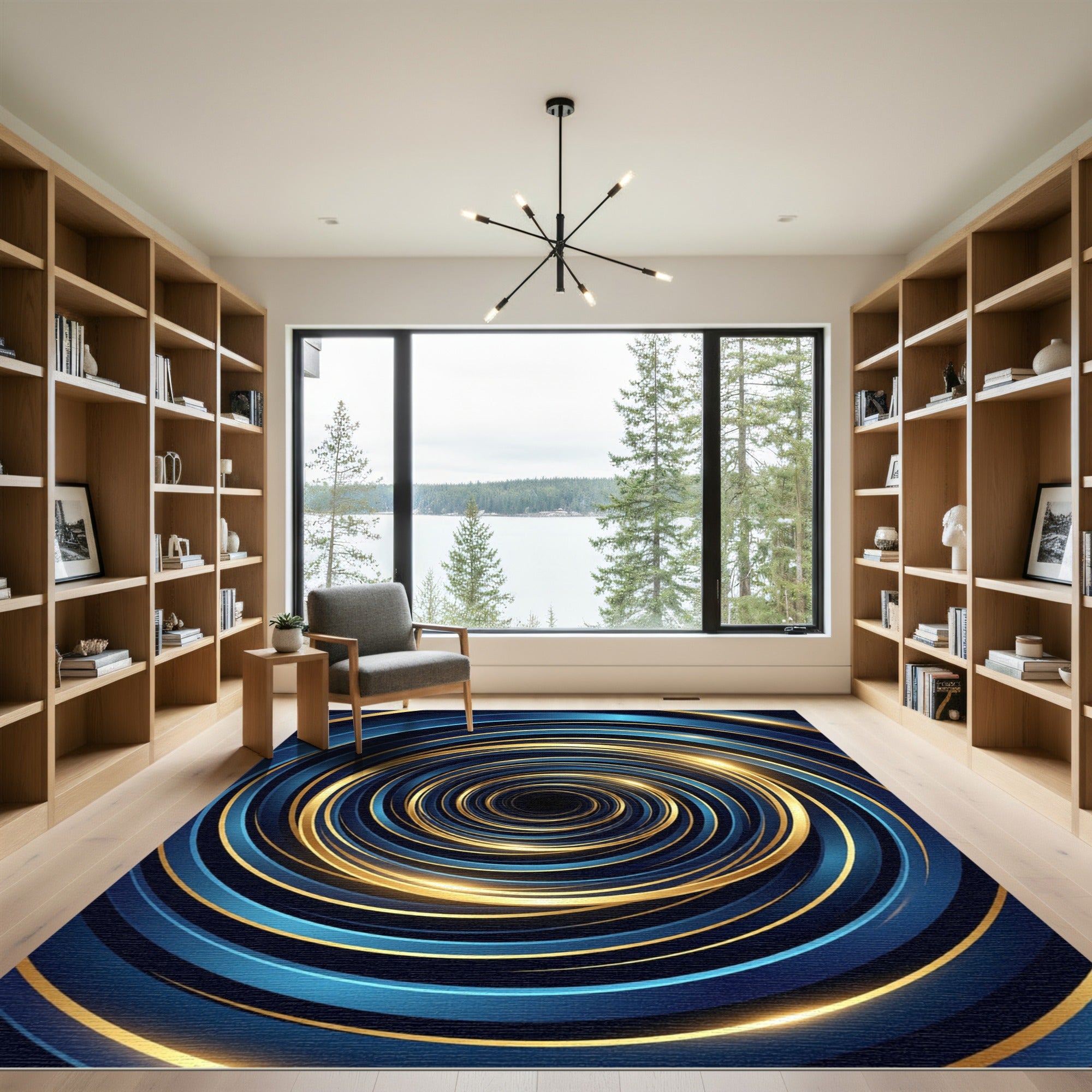 Luminous Golden Blue Abstract Vortex Rug