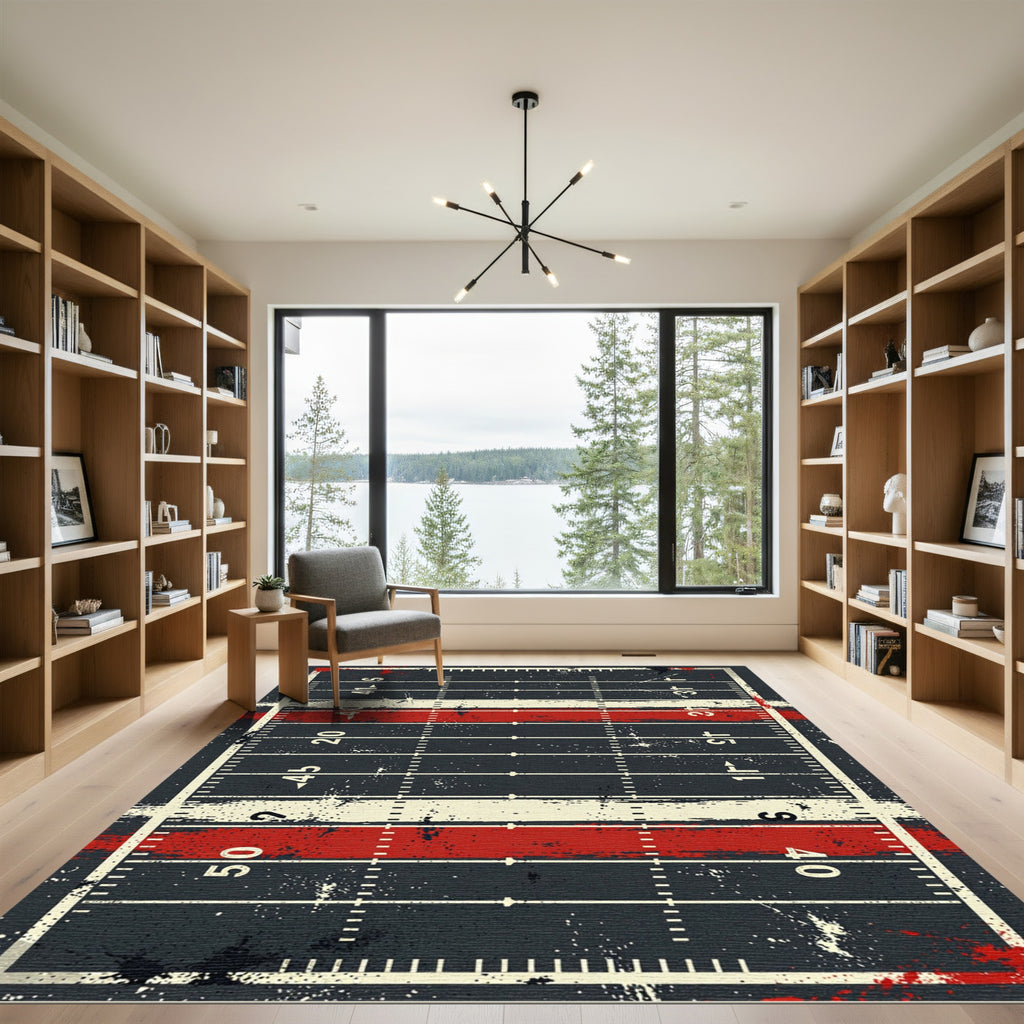 Distressed Red White Football Field Grid Rug