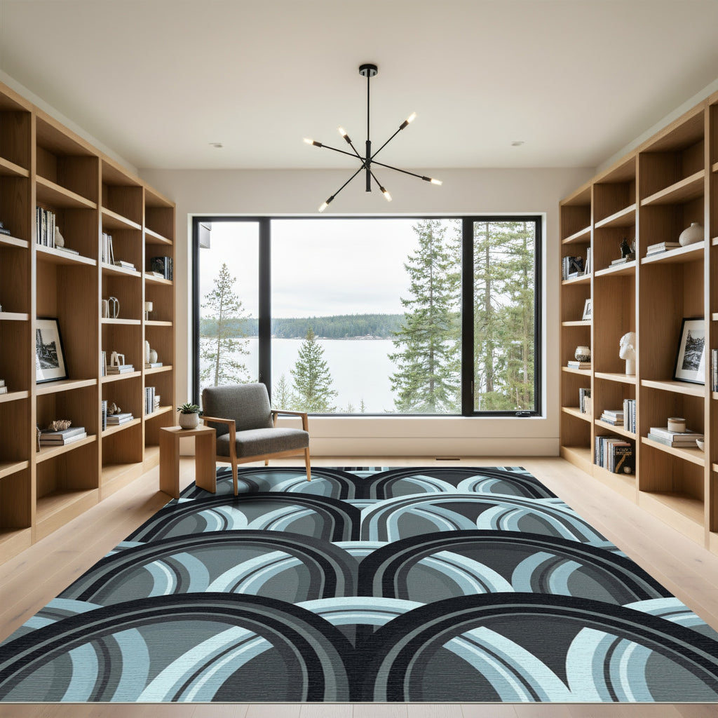 Mid Century Modern Arched Blue Geometric Rug